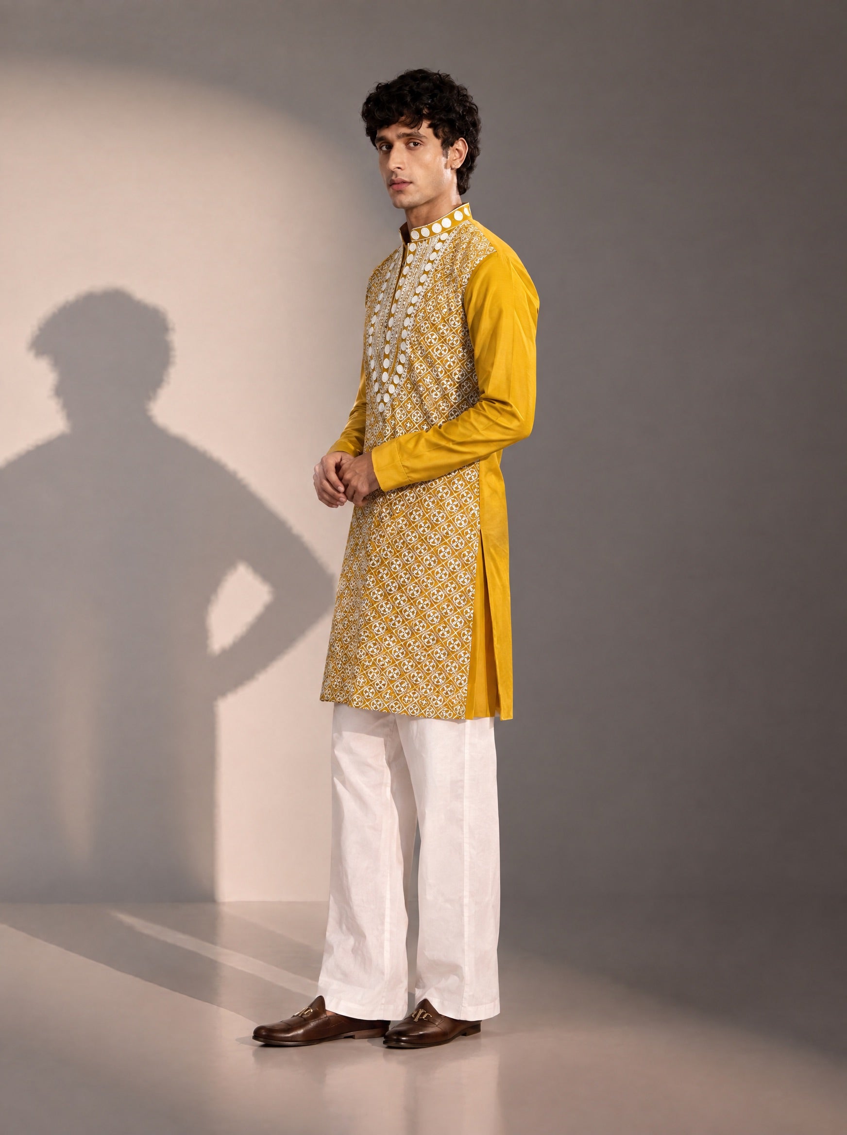 Yellow Embroidered Kurta Pajama for Men