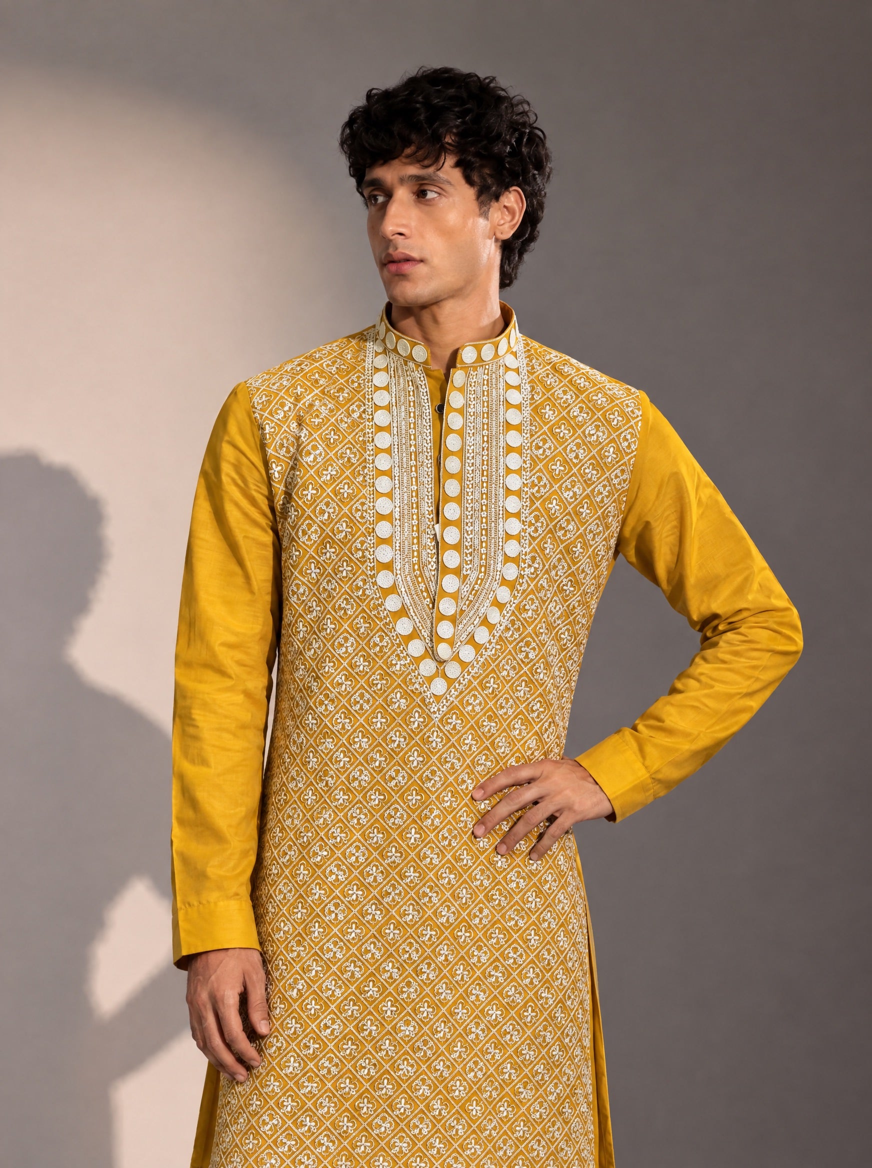 Yellow Embroidered Kurta Pajama for Men