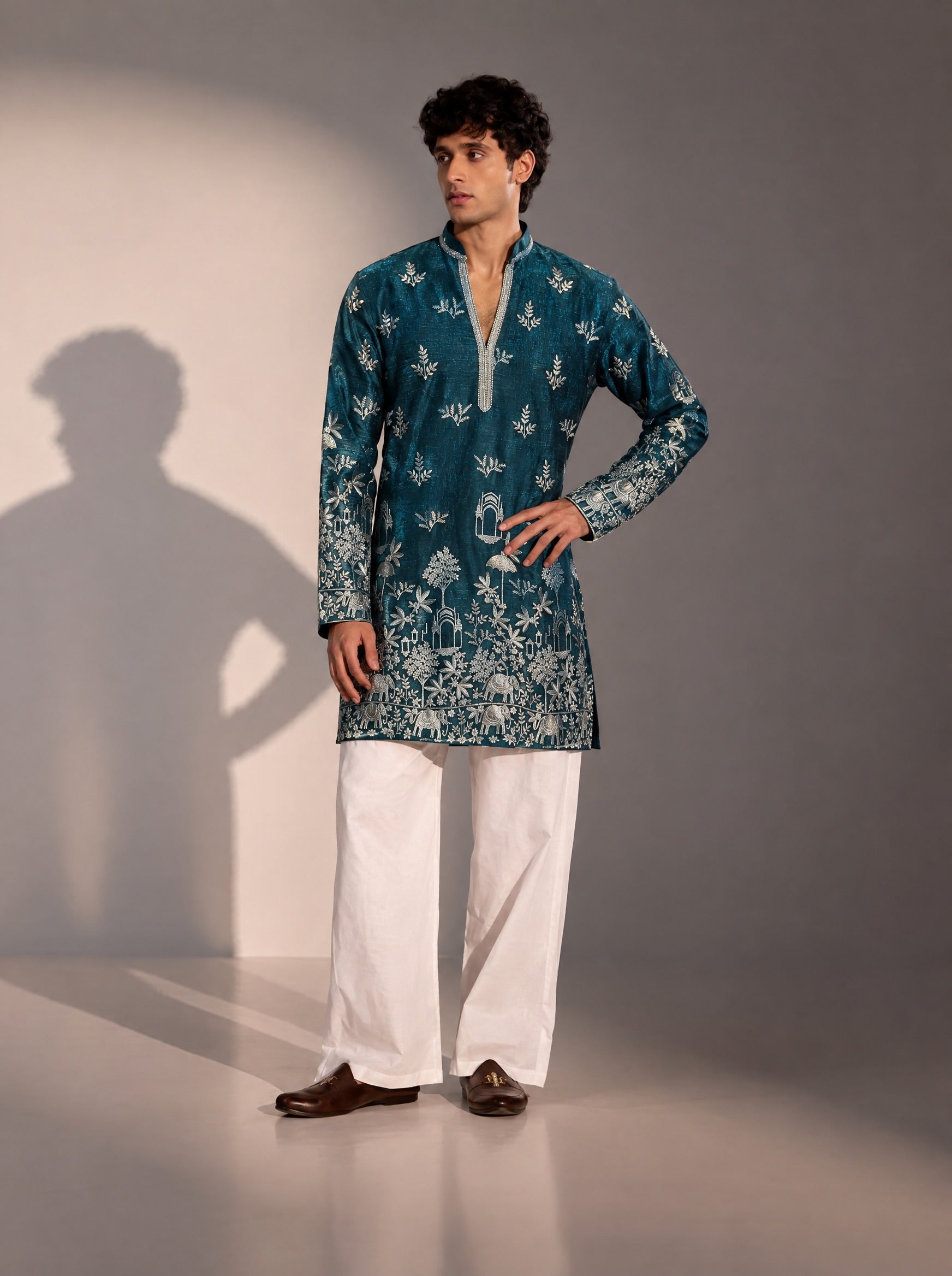 Teal Green Embroidered Kurta Pajama for Men
