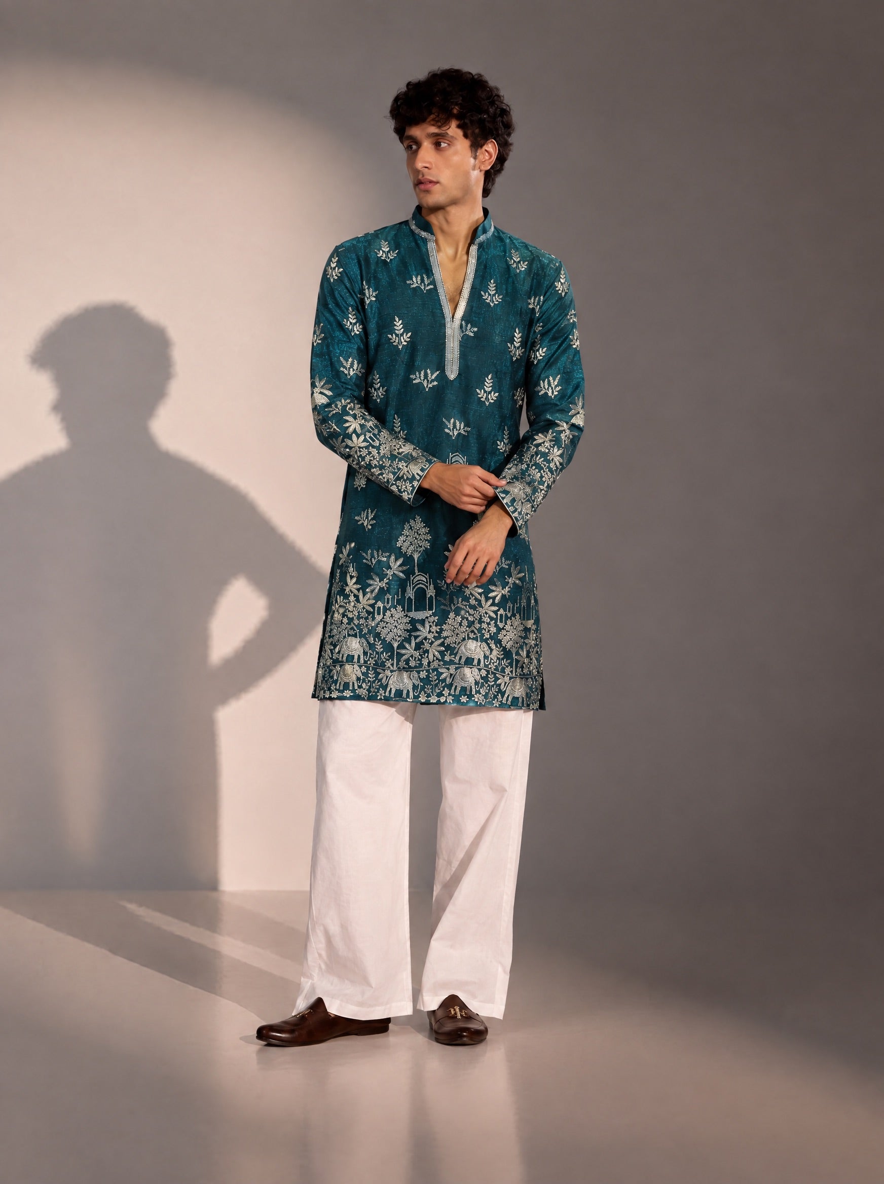 Teal Green Embroidered Kurta Pajama for Men
