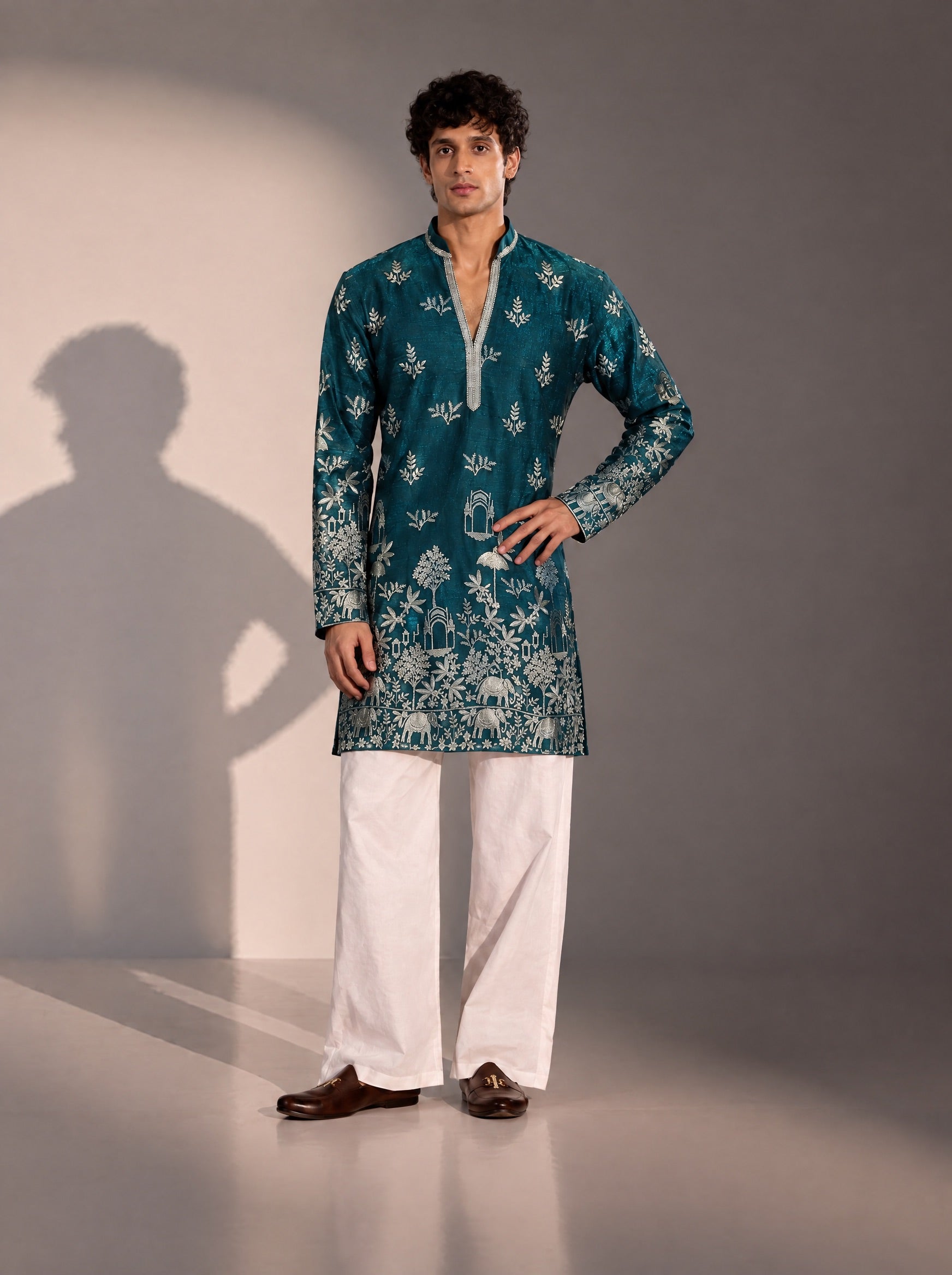 Teal Green Embroidered Kurta Pajama for Men