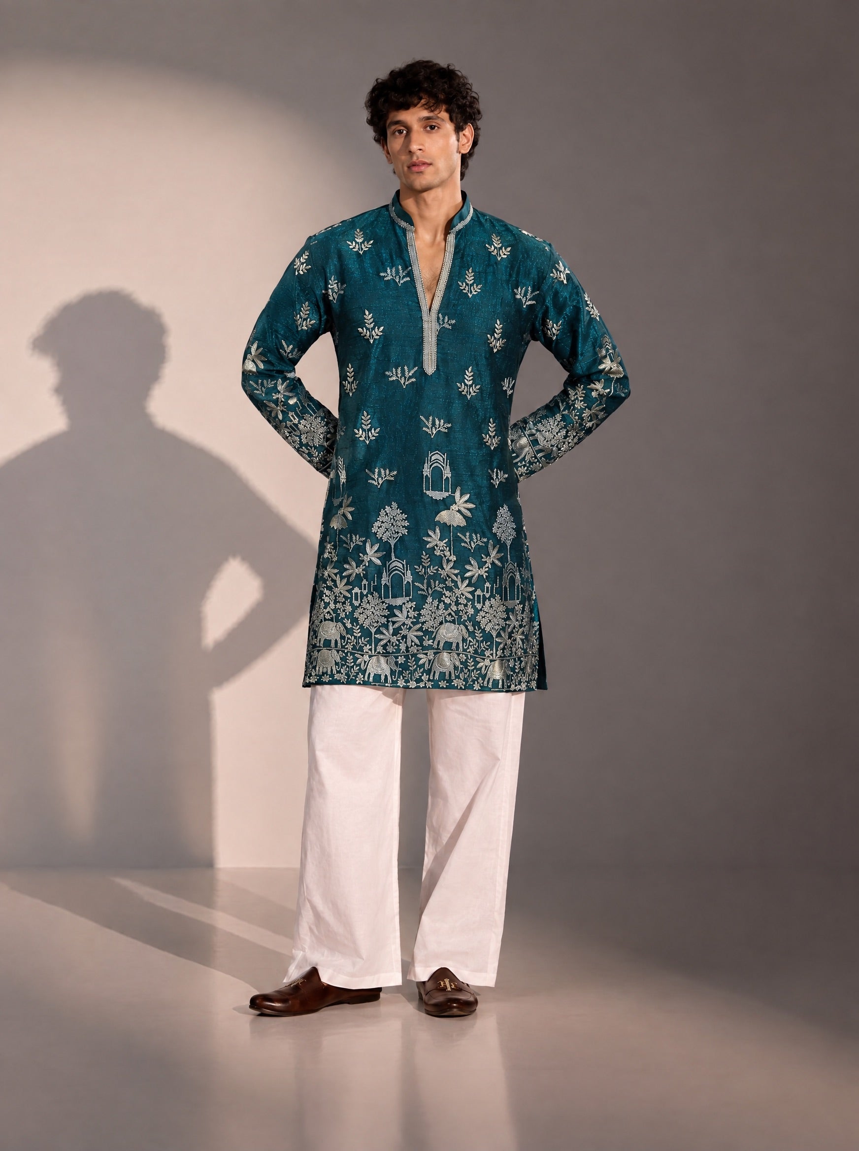 Teal Green Embroidered Kurta Pajama for Men