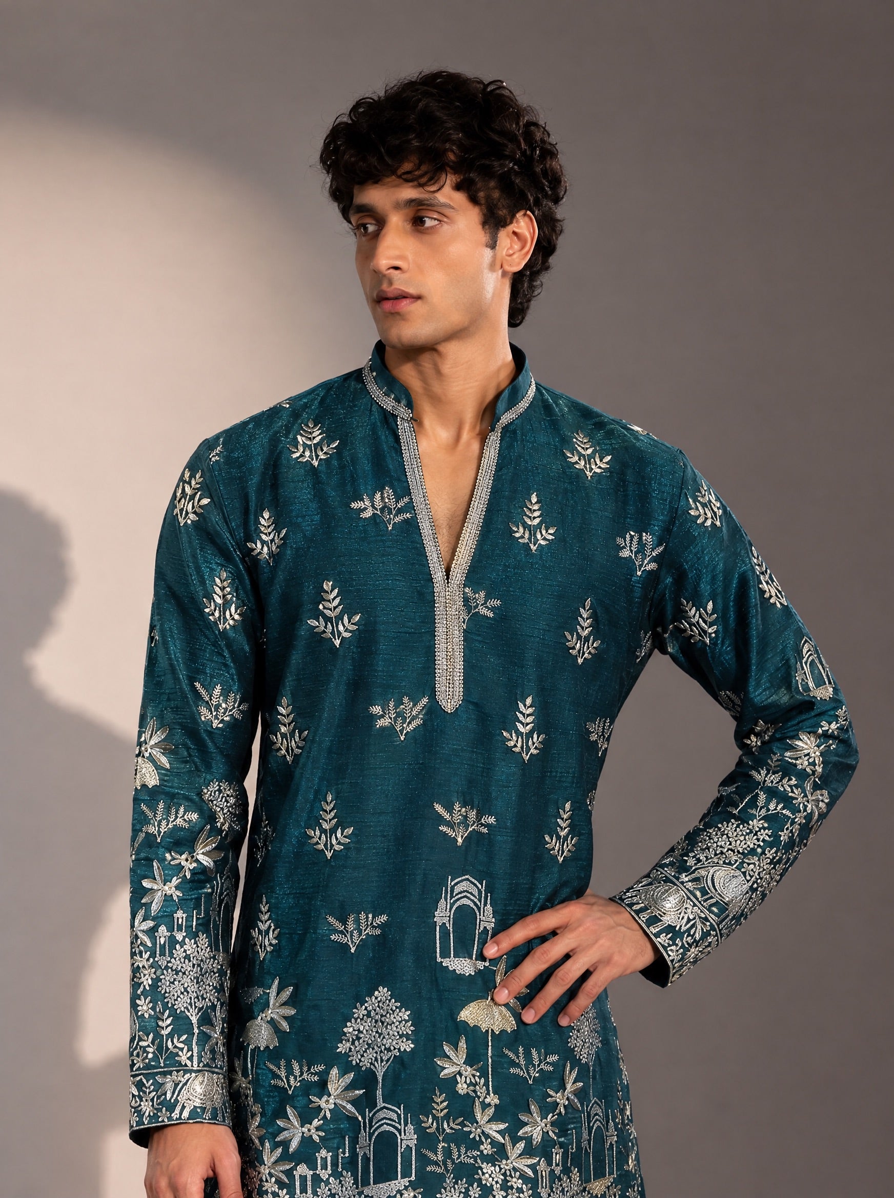 Teal Green Embroidered Kurta Pajama for Men