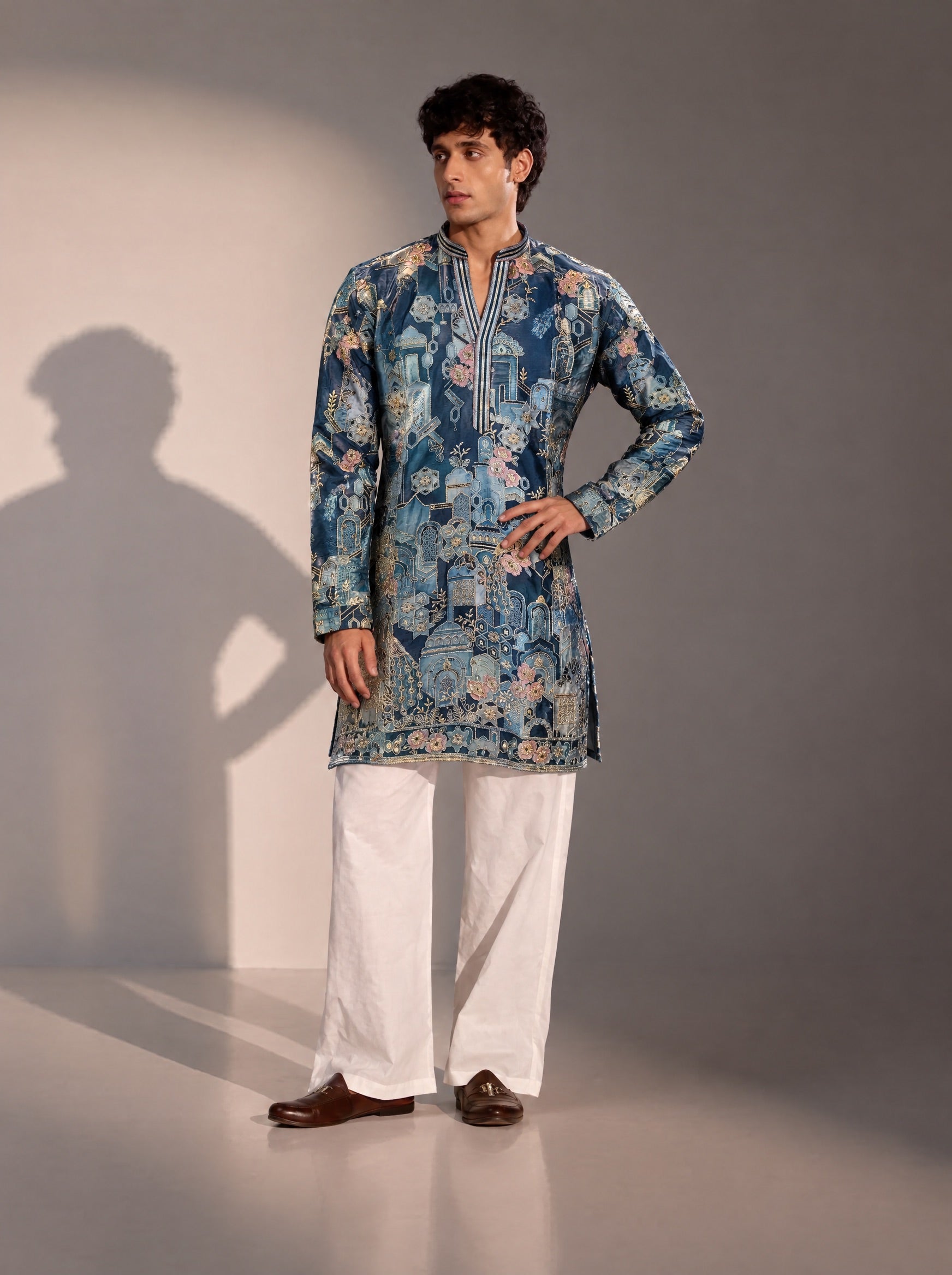 Blue Printed Kurta Pajama for Men