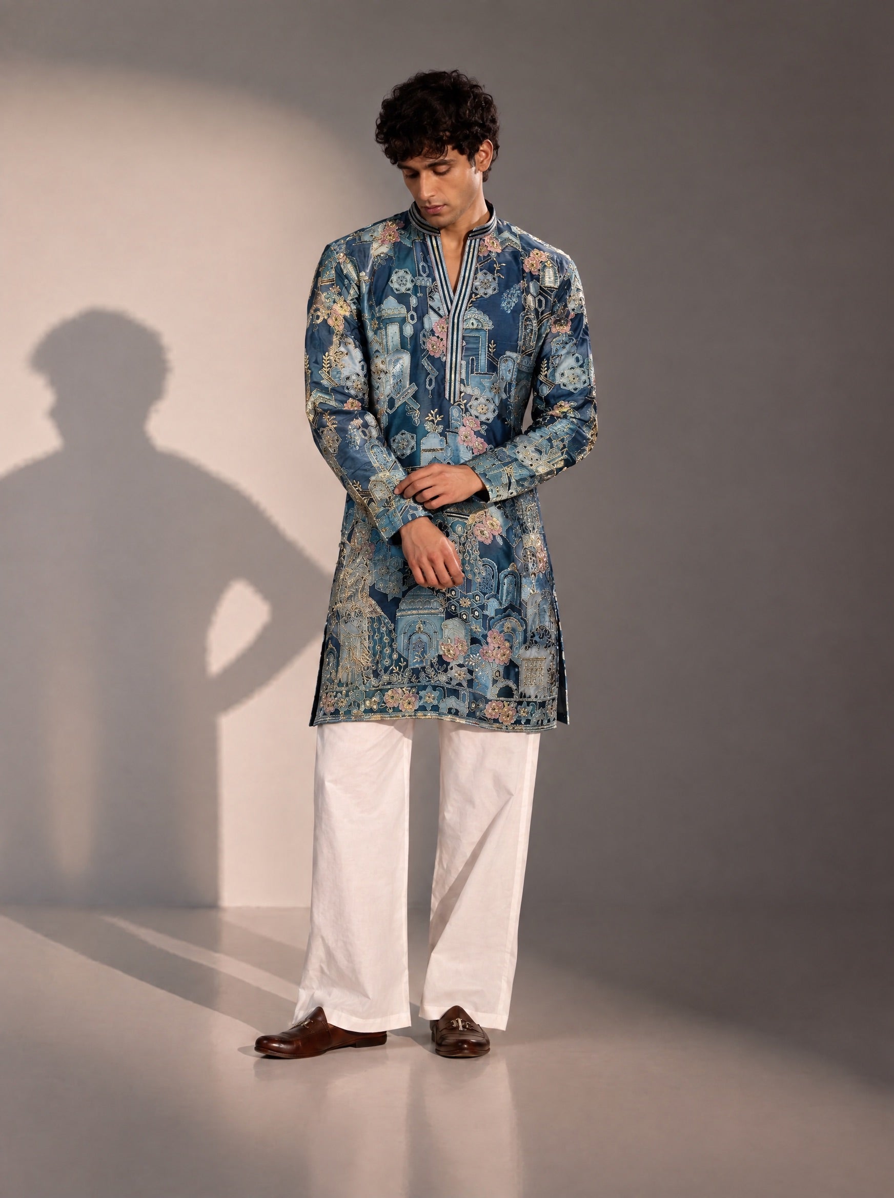 Blue Printed Kurta Pajama for Men