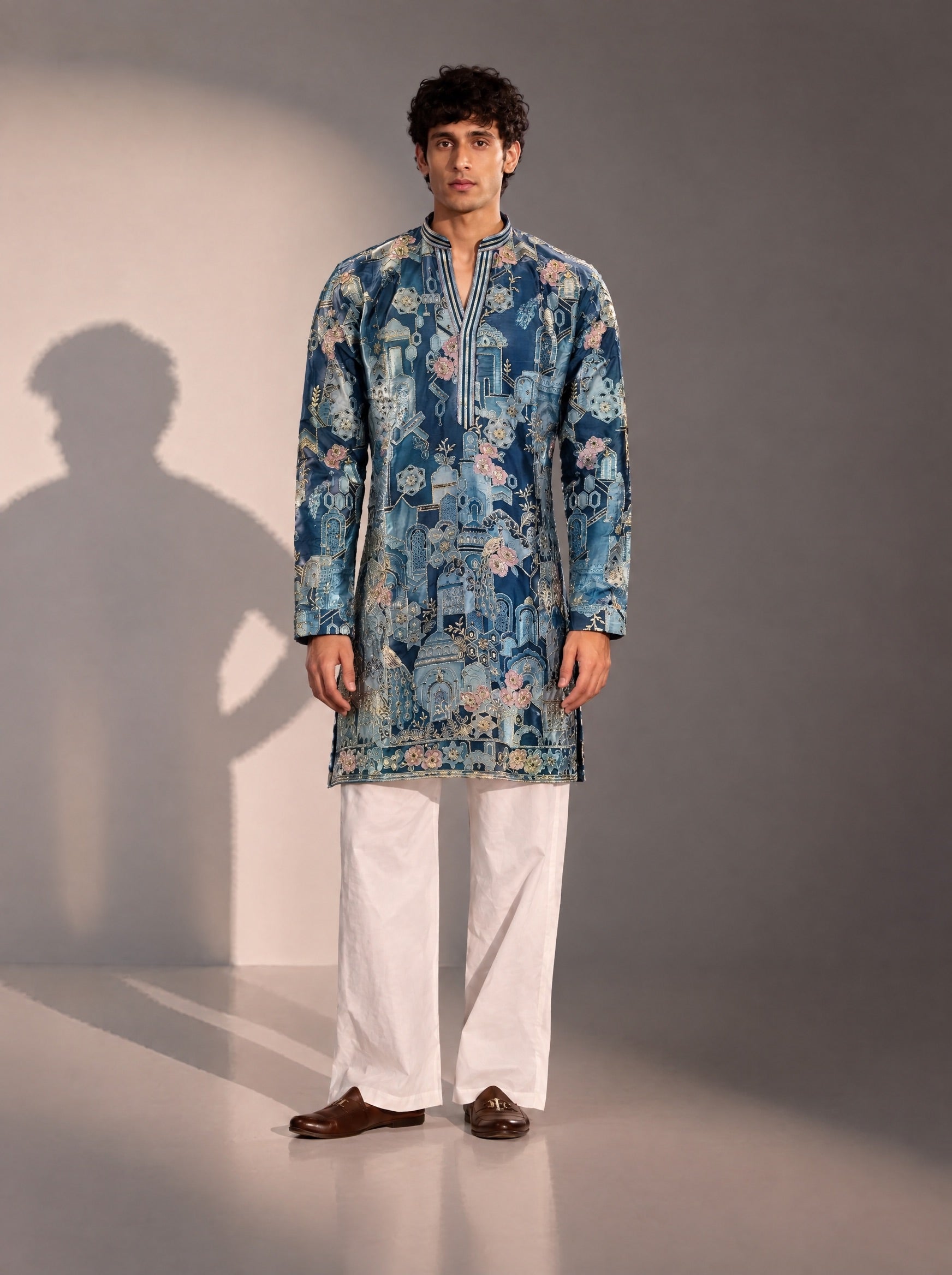 Blue Printed Kurta Pajama for Men