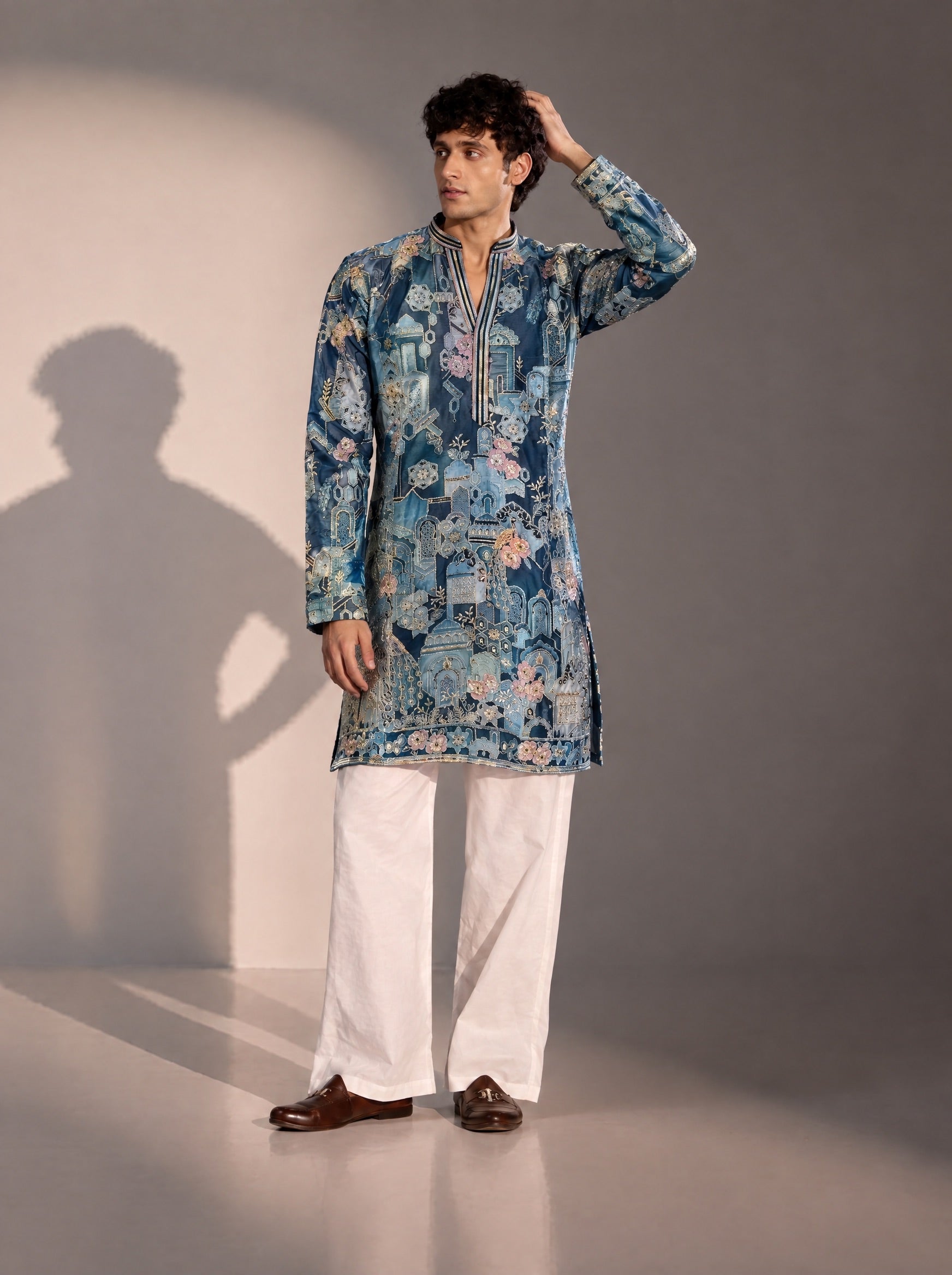 Blue Printed Kurta Pajama for Men