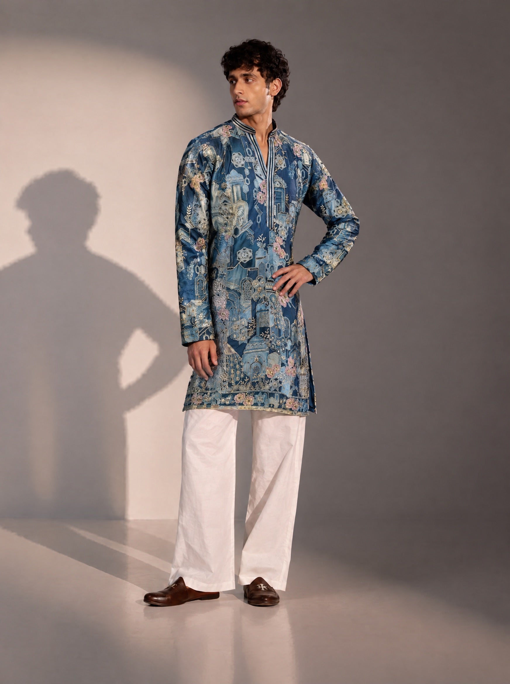 Blue Printed Kurta Pajama for Men