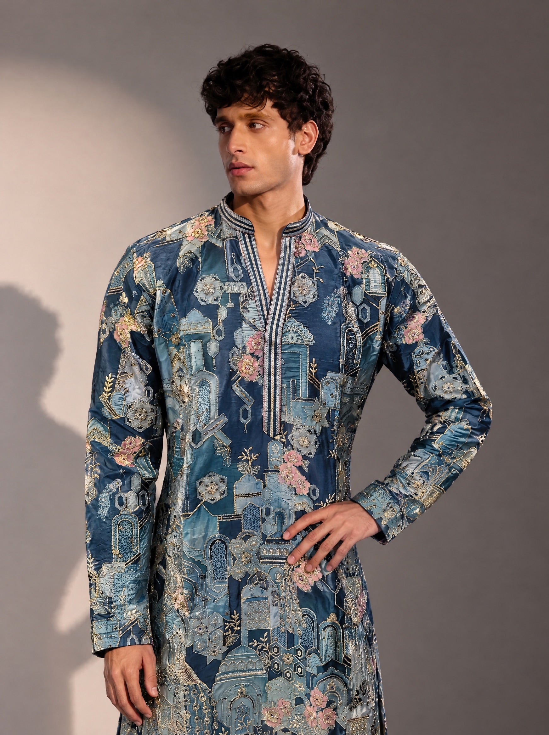 Blue Printed Kurta Pajama for Men