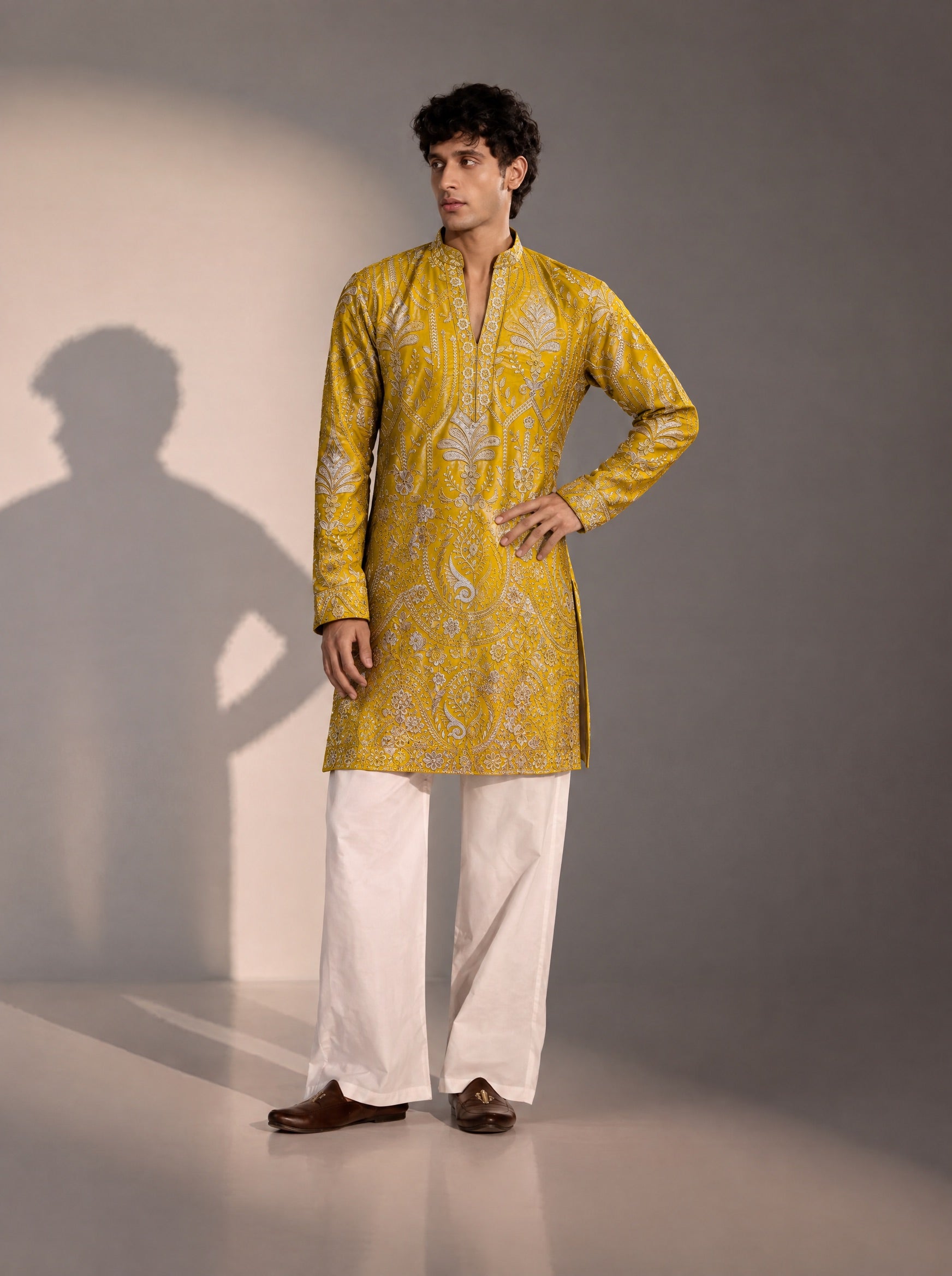 Mustard Embellished  Kurta Pajama for Men