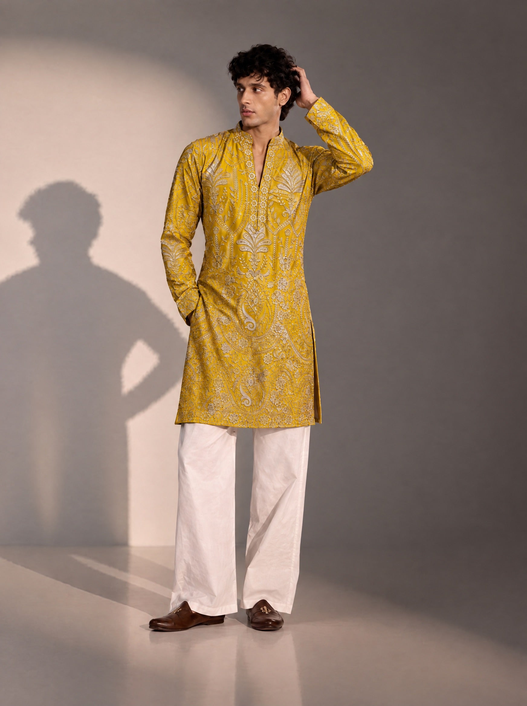 Mustard Embellished  Kurta Pajama for Men
