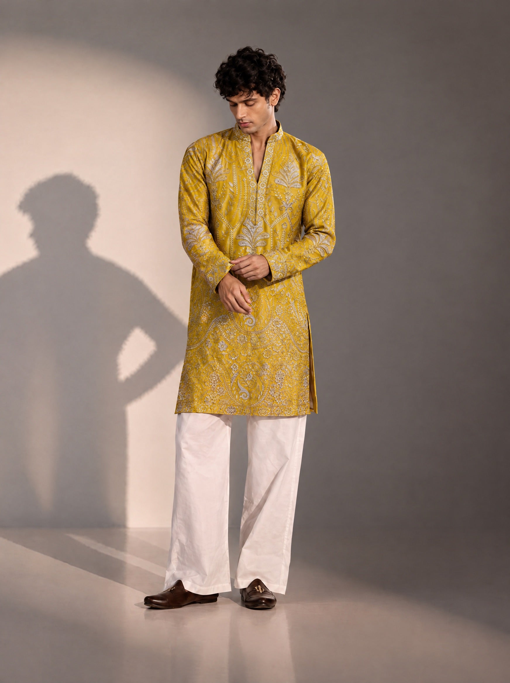 Mustard Embellished  Kurta Pajama for Men