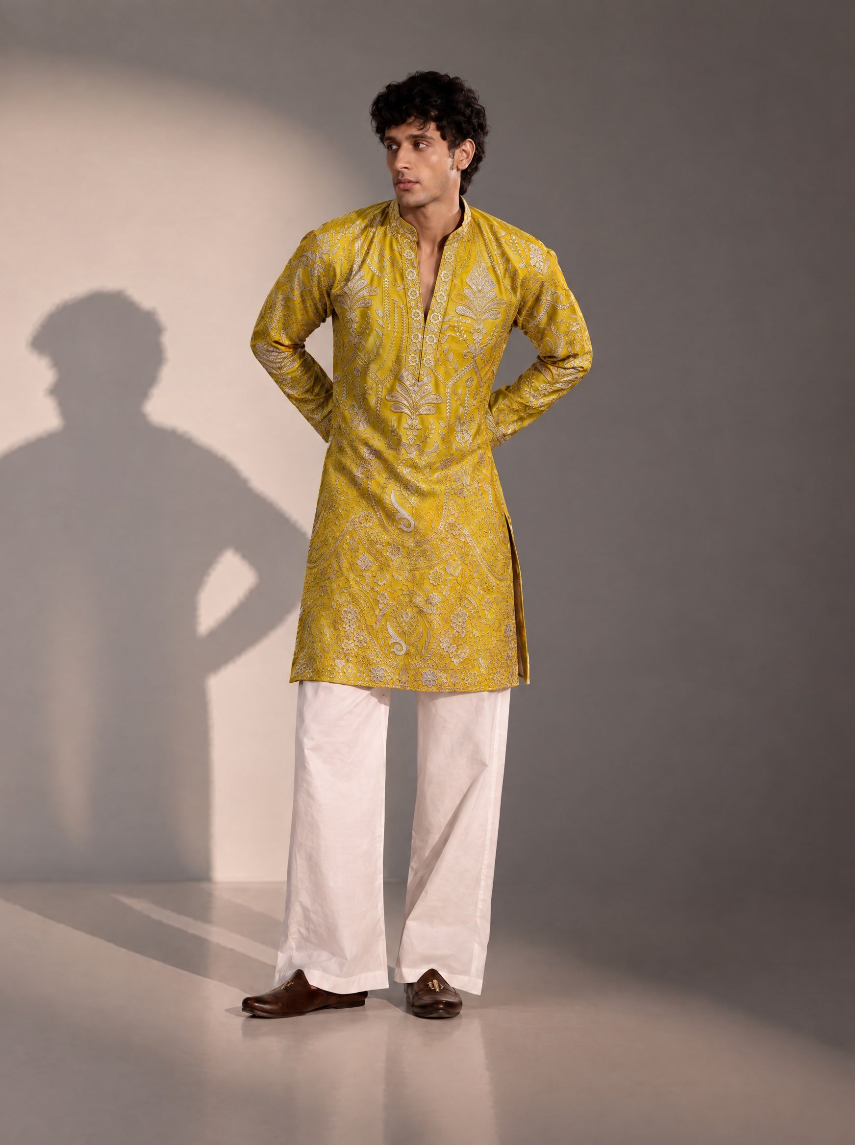 Mustard Embellished  Kurta Pajama for Men