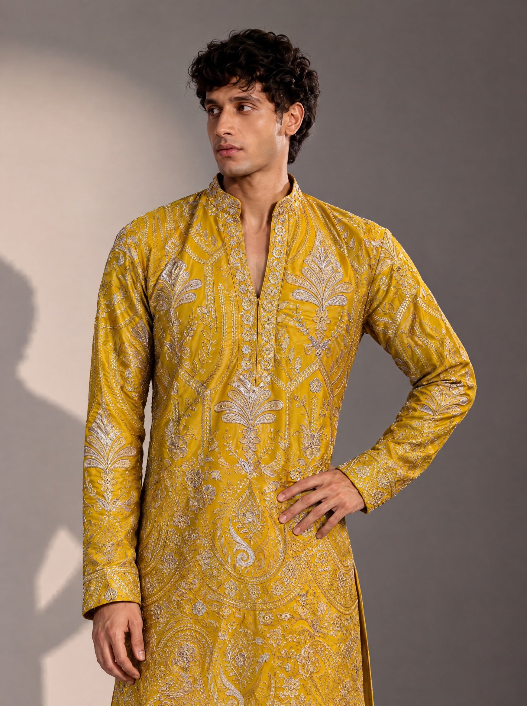 Mustard Embellished  Kurta Pajama for Men