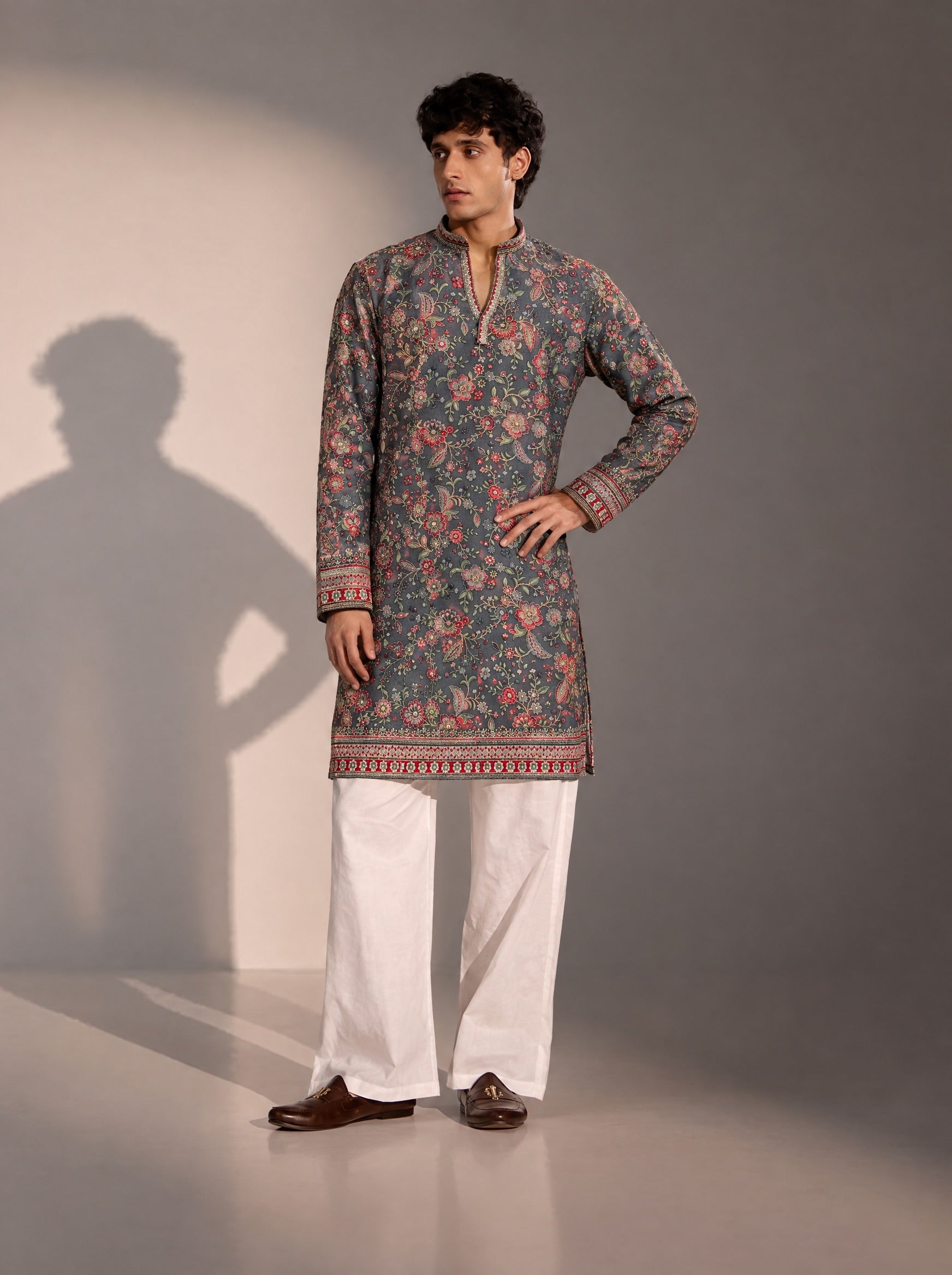 Grey Embroidered  Kurta Pajama for Men