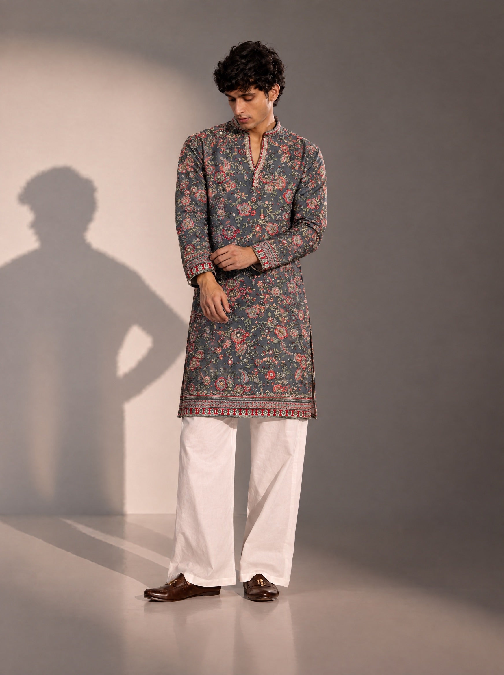 Grey Embroidered  Kurta Pajama for Men