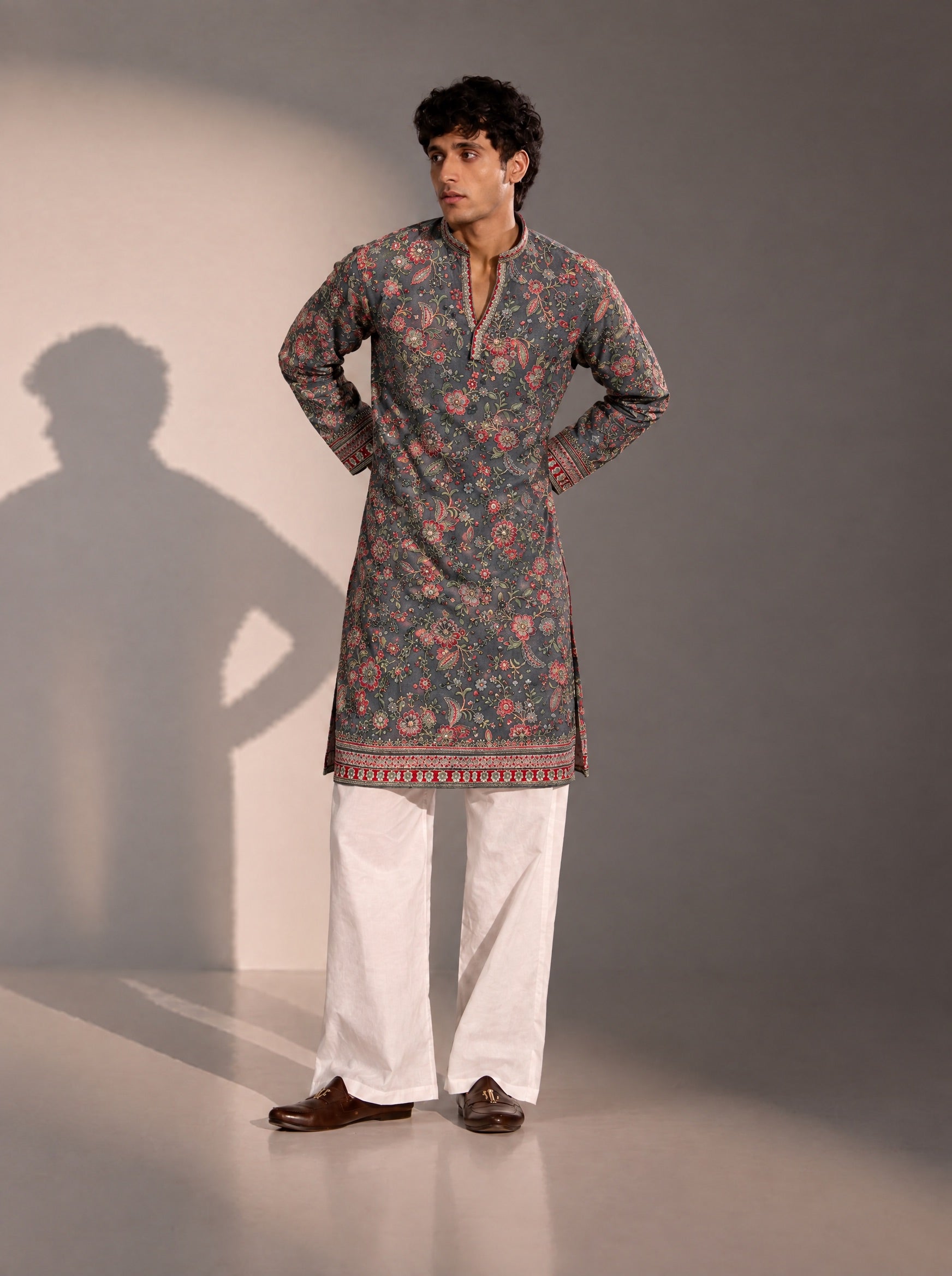 Grey Embroidered  Kurta Pajama for Men