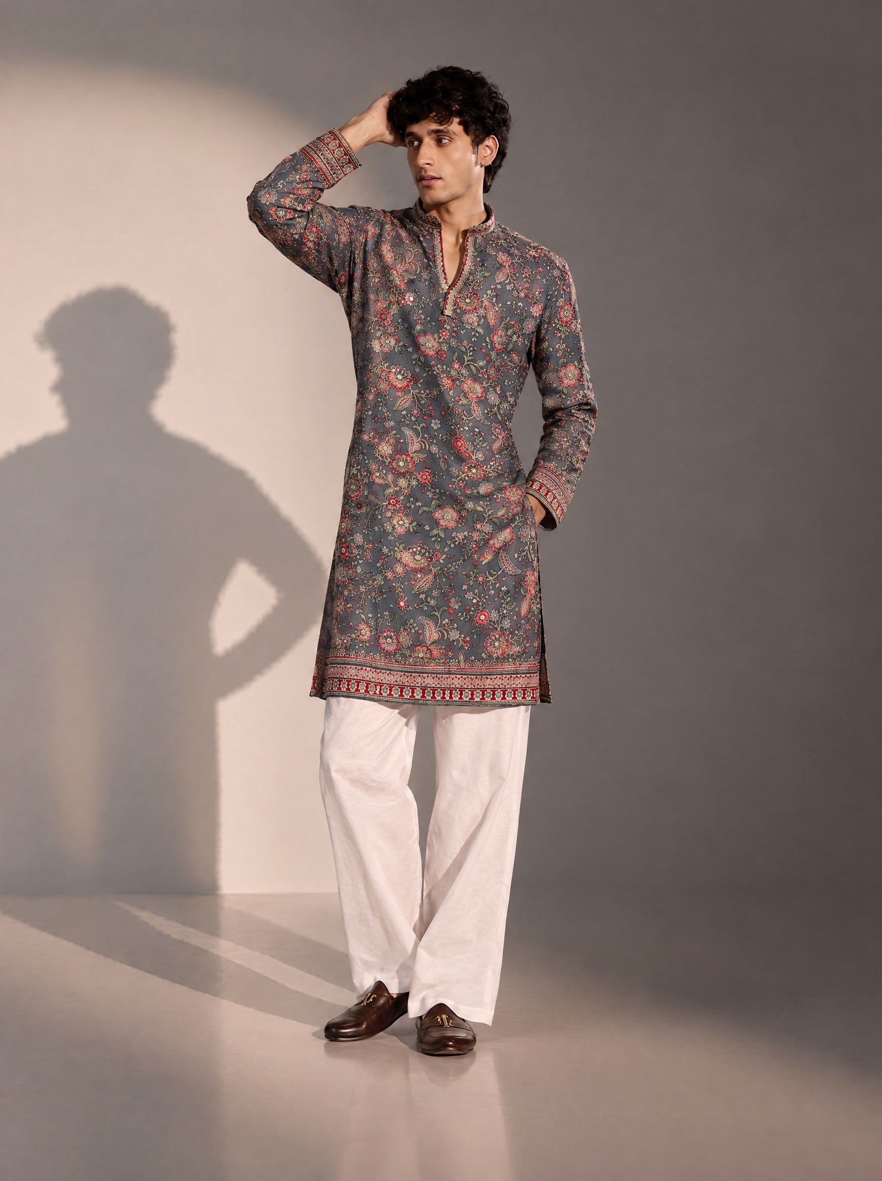 Grey Embroidered  Kurta Pajama for Men