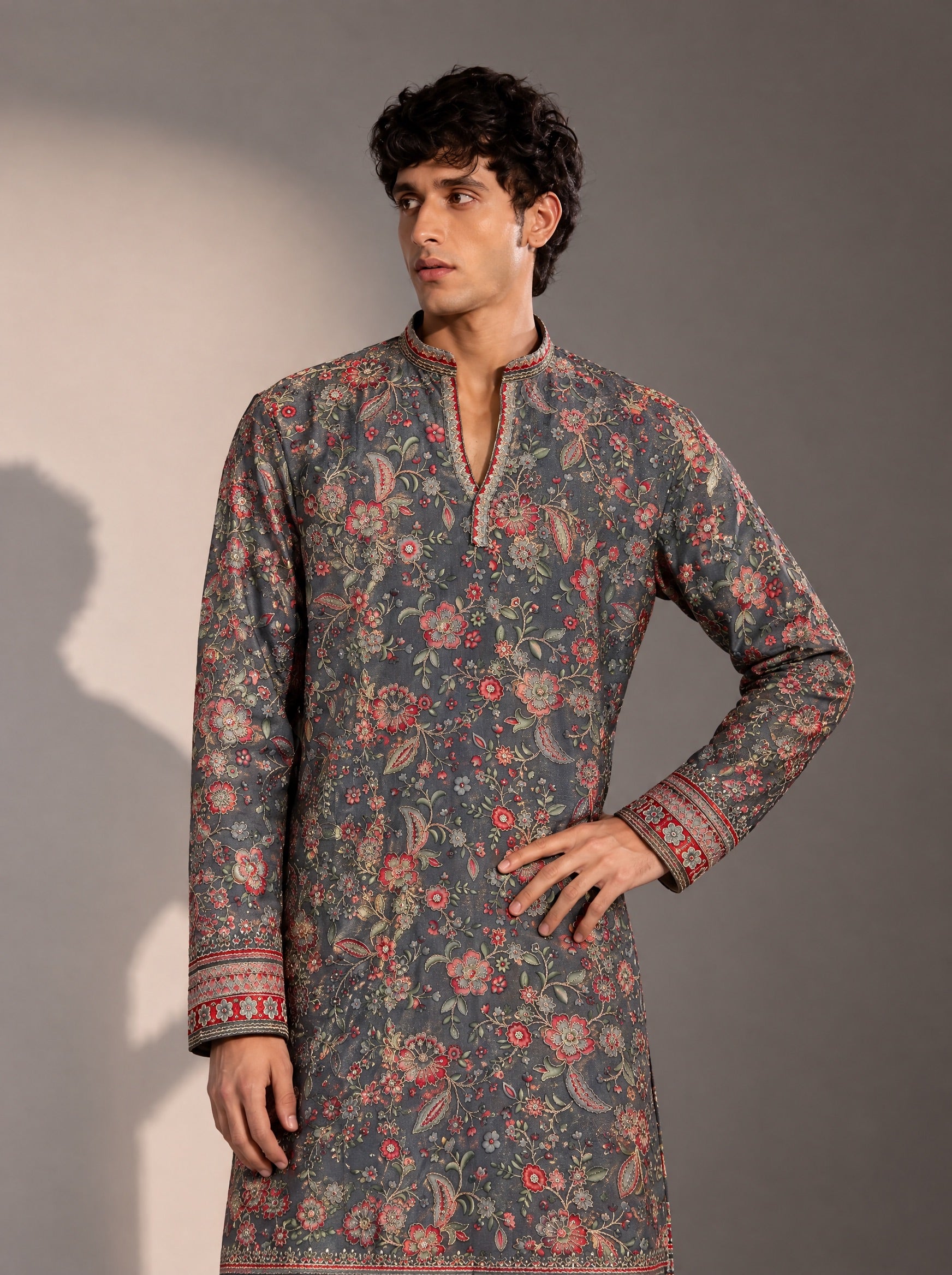 Grey Embroidered  Kurta Pajama for Men