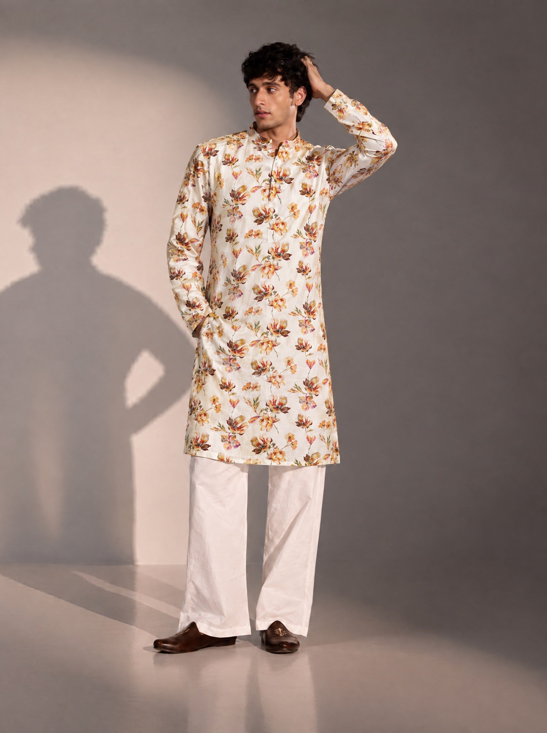 Ivory Printed  Kurta Pajama for Men