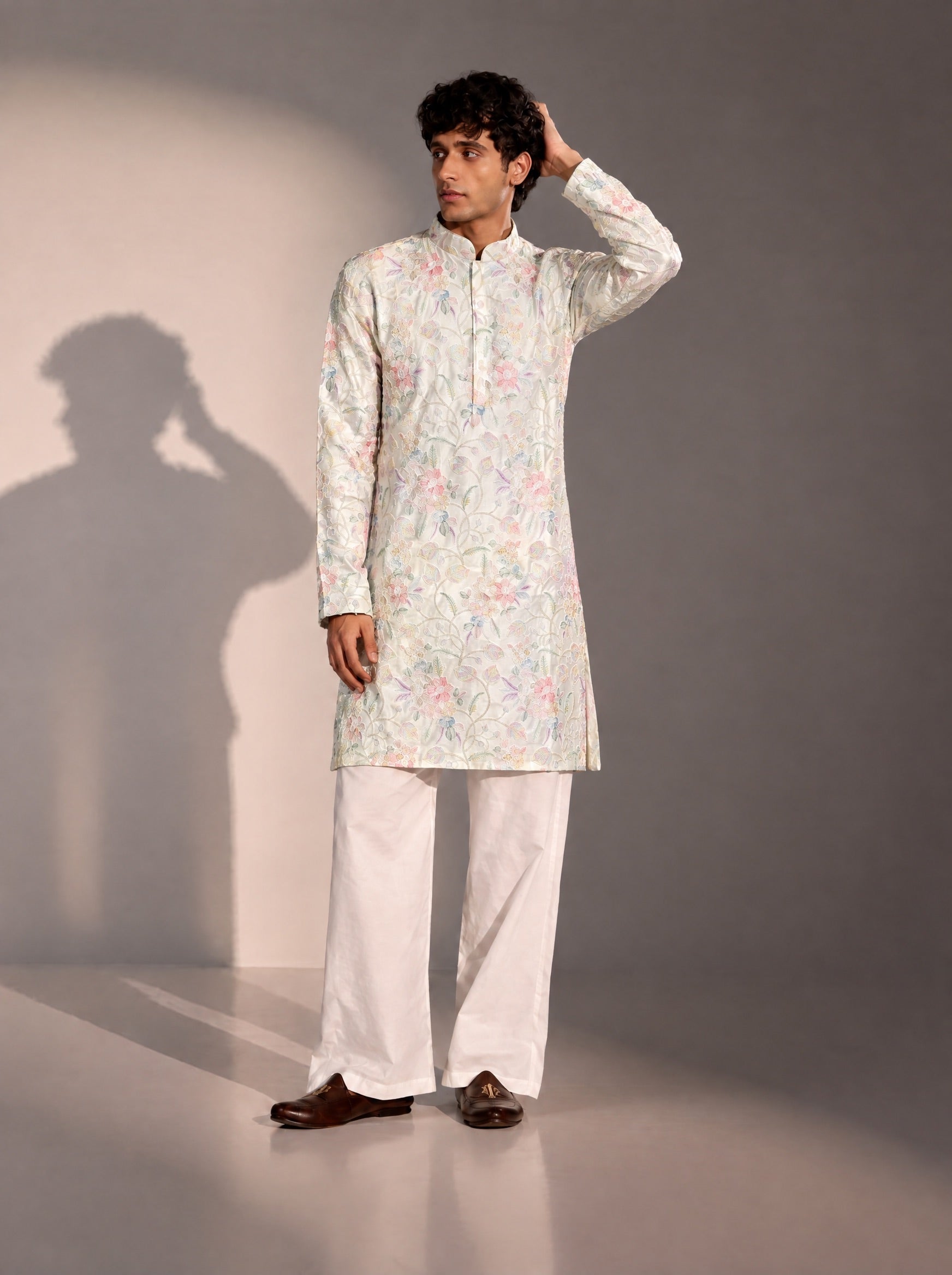 White Embellished Kurta Pajama for Men