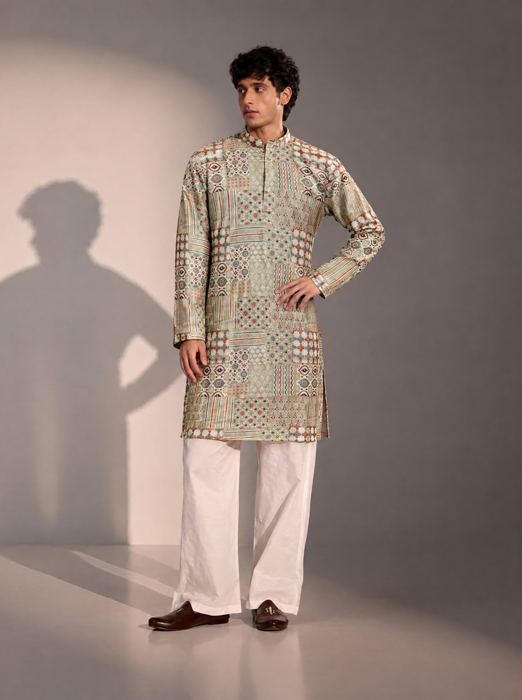 Light Green Printed Kurta Pajama for Men