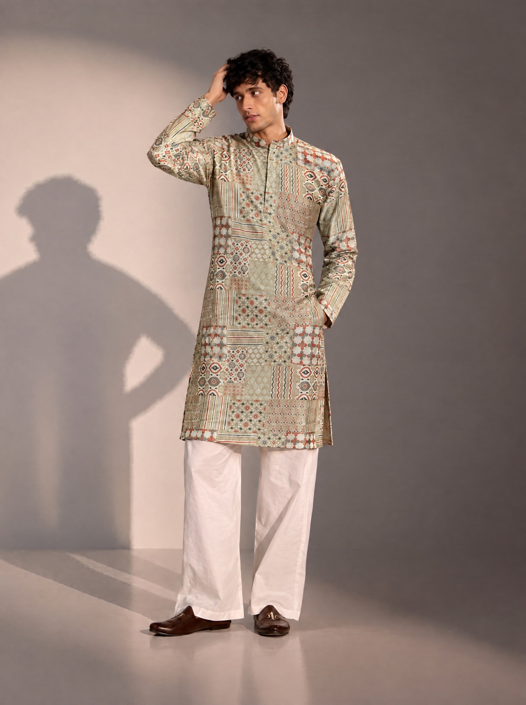 Light Green Printed Kurta Pajama for Men