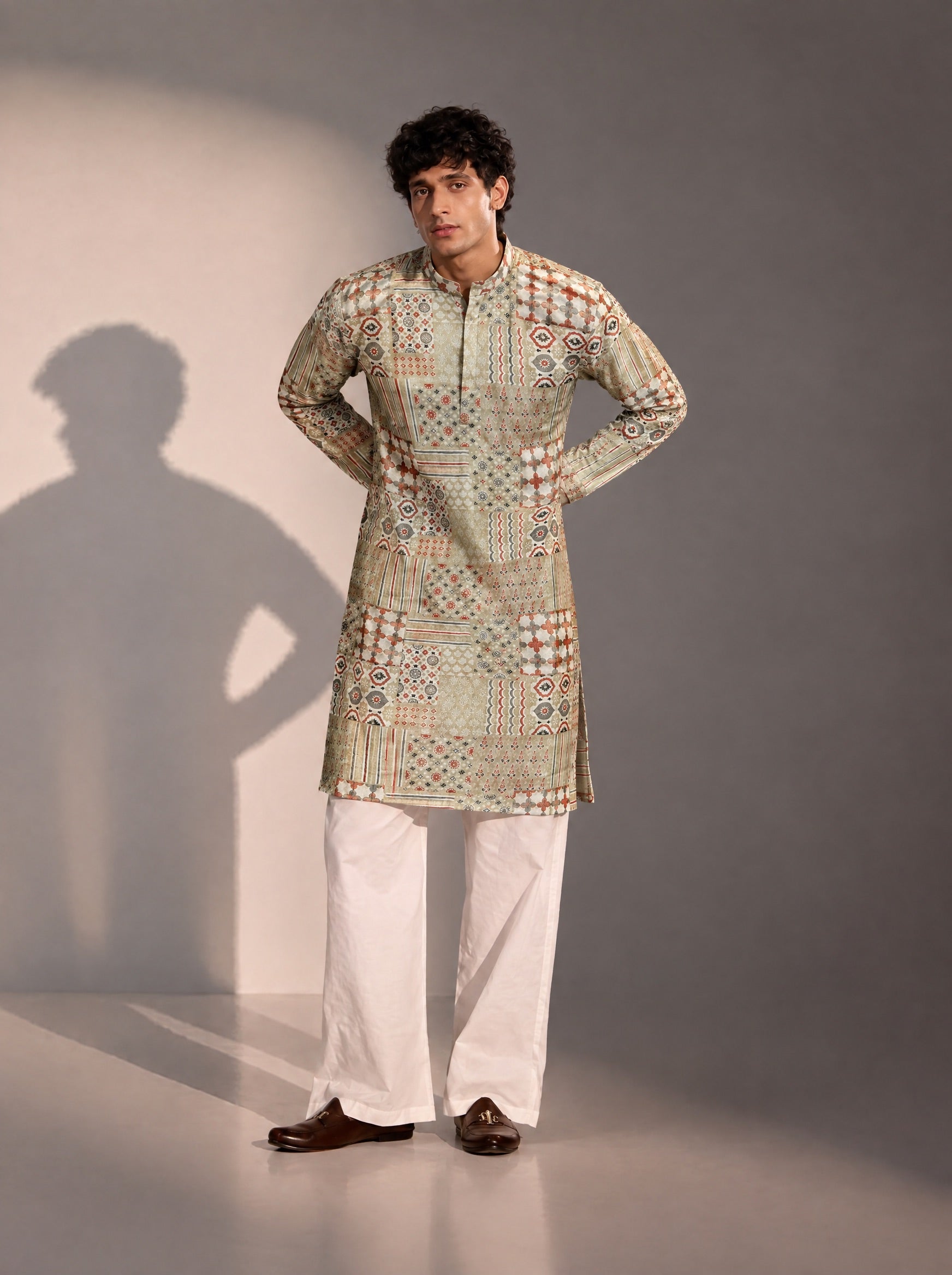 Light Green Printed Kurta Pajama for Men