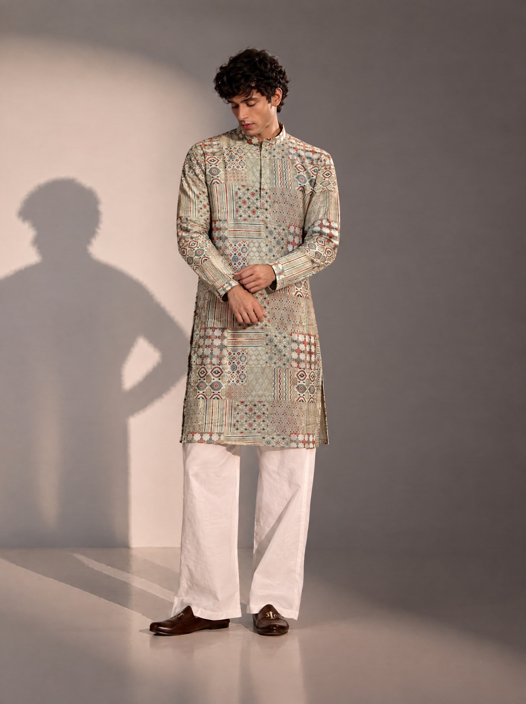Light Green Printed Kurta Pajama for Men