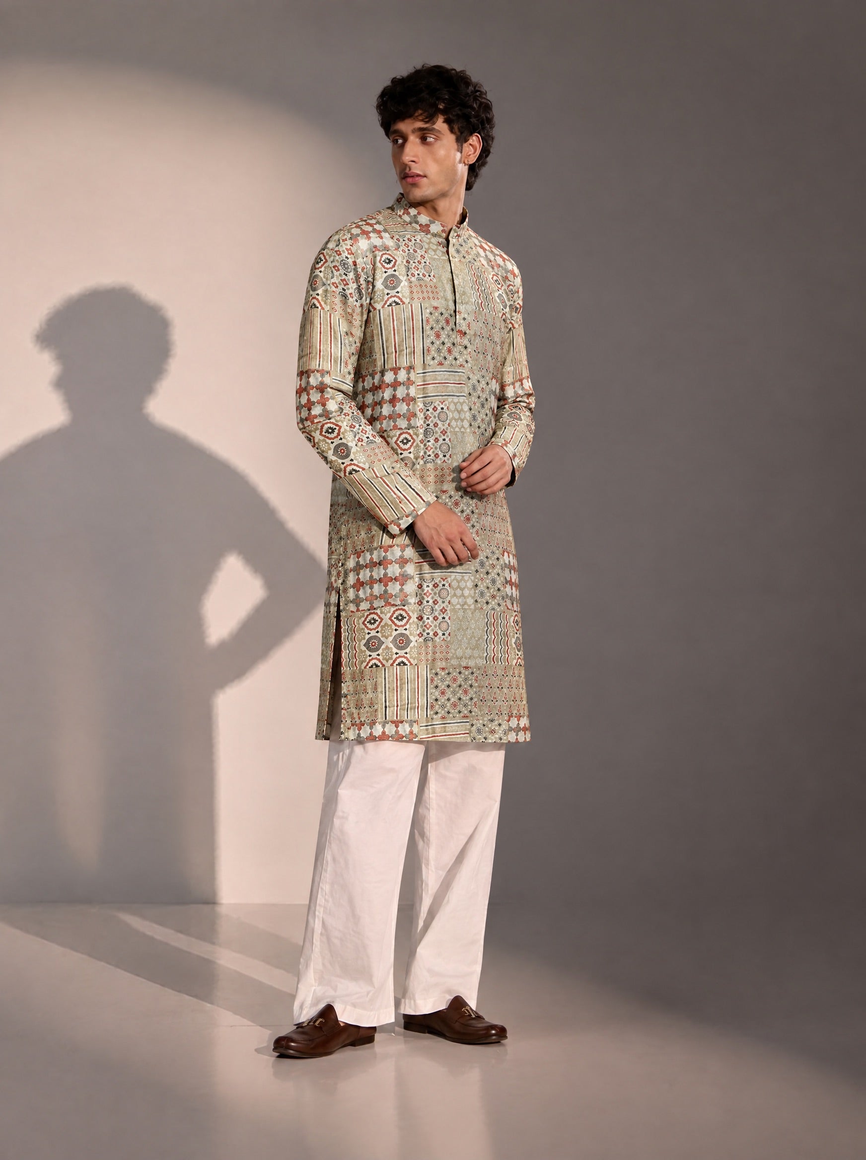 Light Green Printed Kurta Pajama for Men