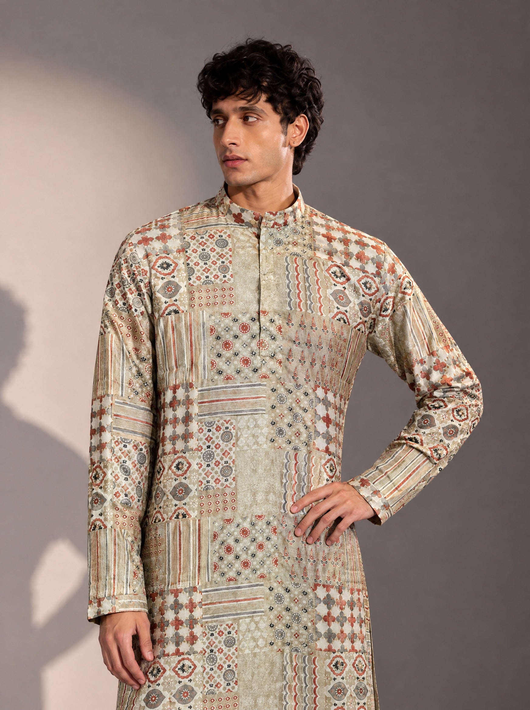 Light Green Printed Kurta Pajama for Men