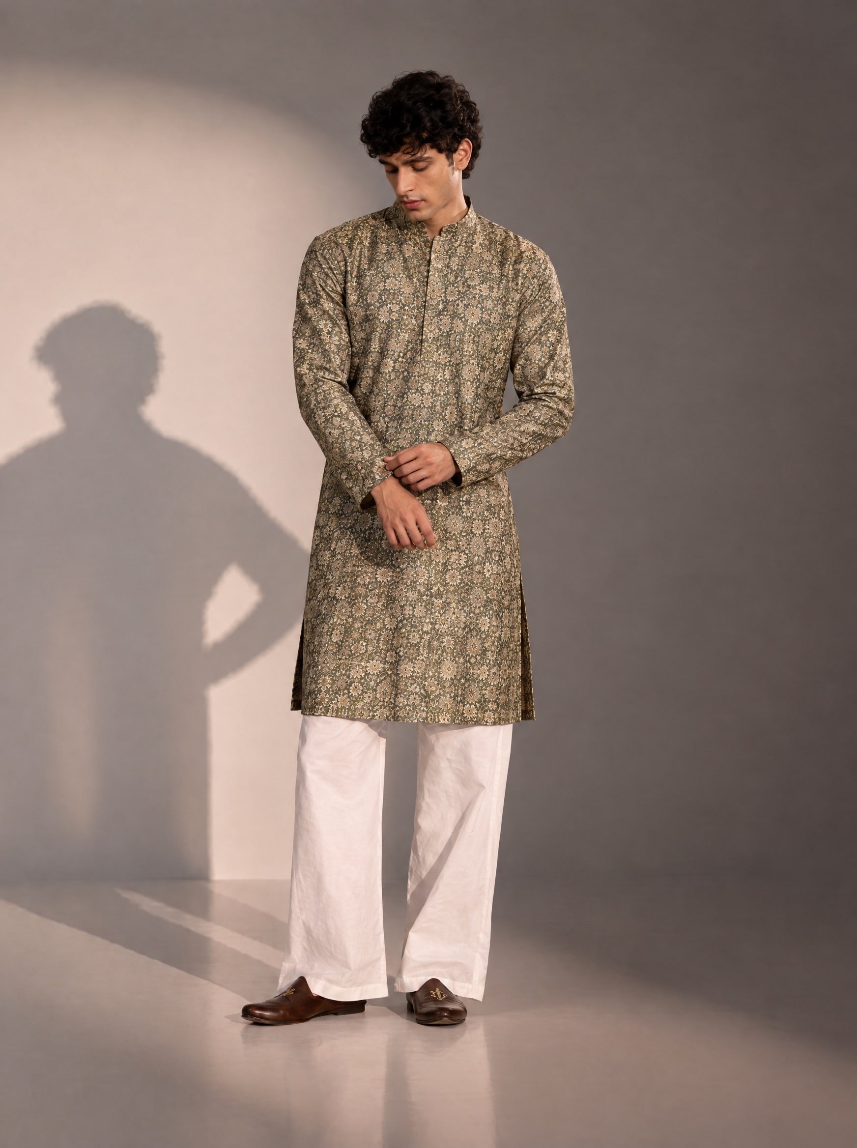 Dark Grey Printed Kurta Pajama for Men