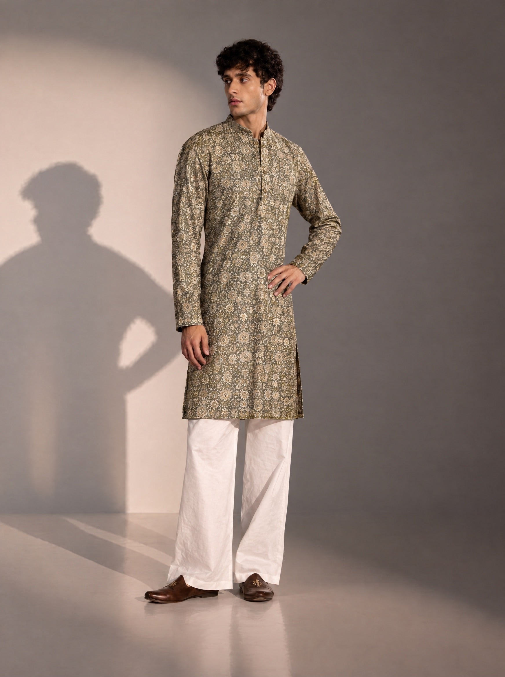Dark Grey Printed Kurta Pajama for Men