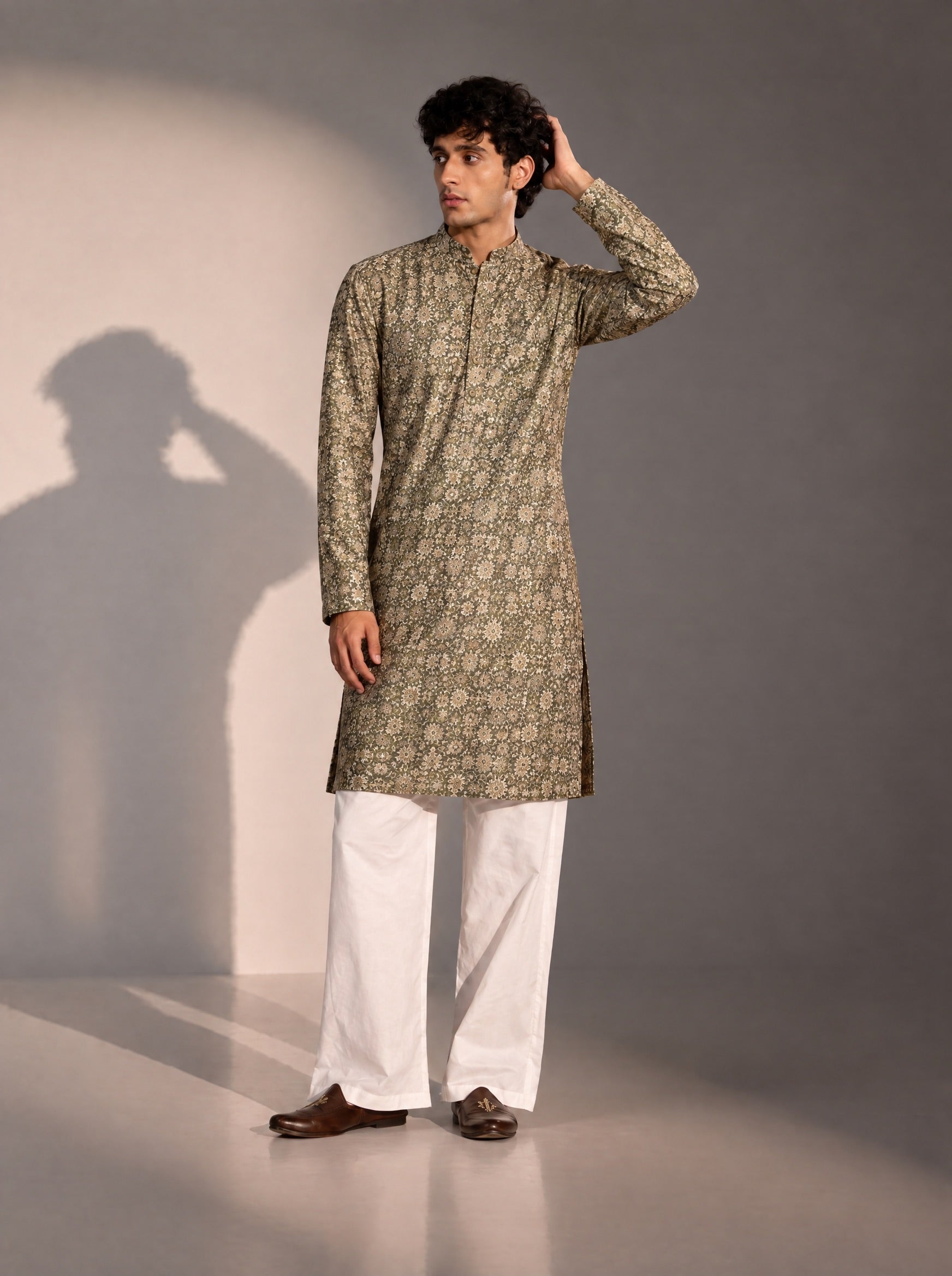 Dark Grey Printed Kurta Pajama for Men