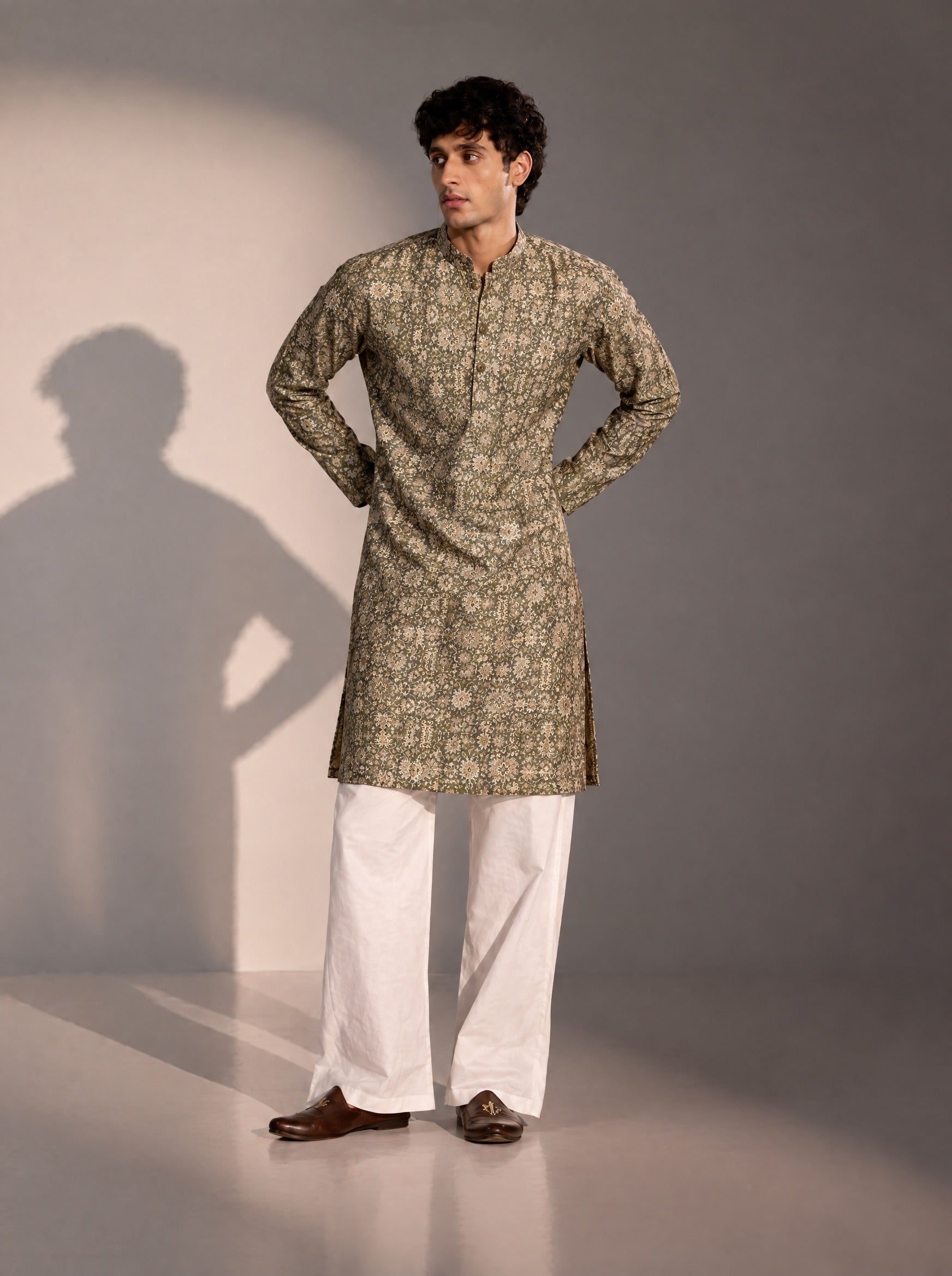 Dark Grey Printed Kurta Pajama for Men
