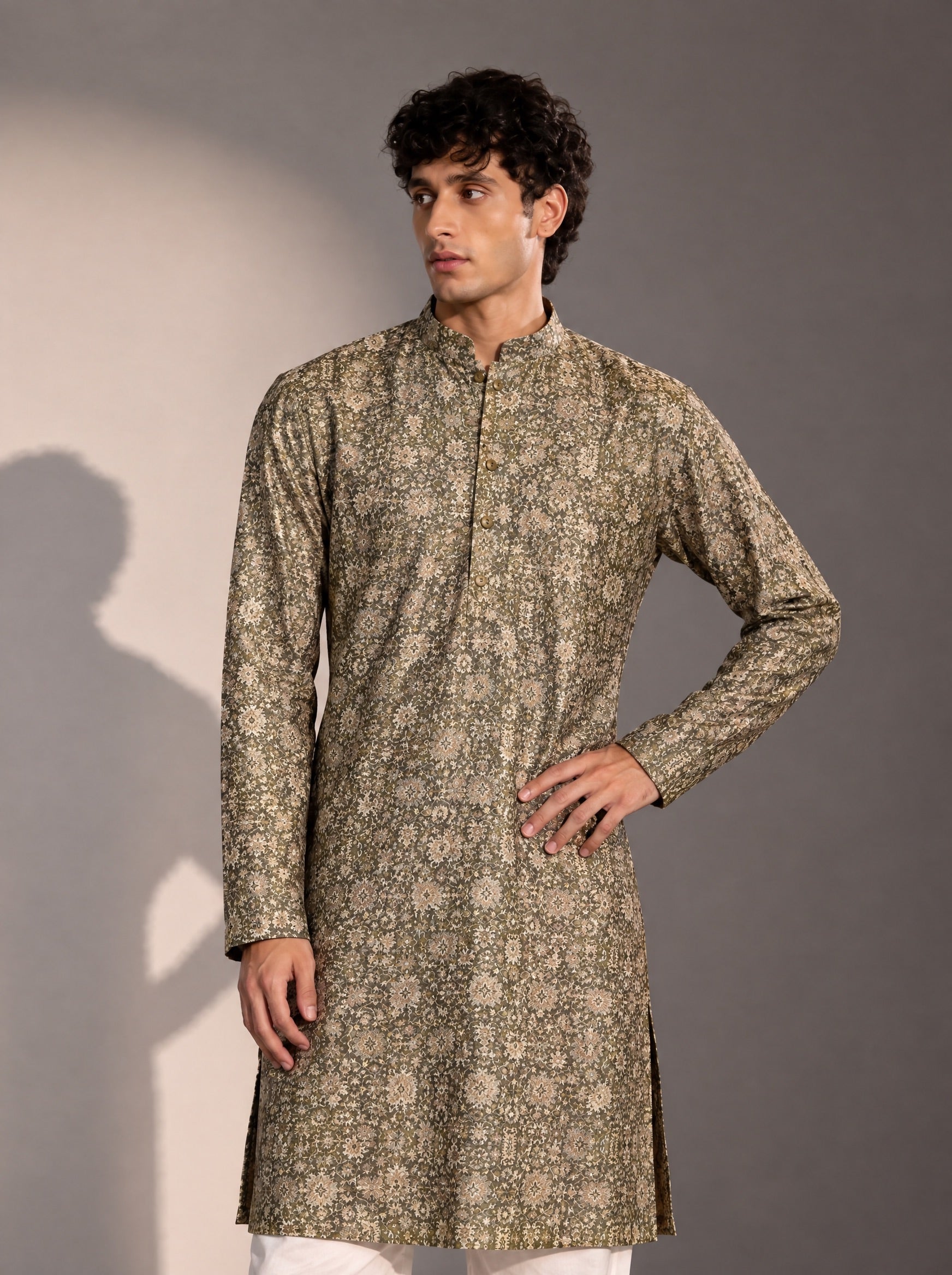 Dark Grey Printed Kurta Pajama for Men