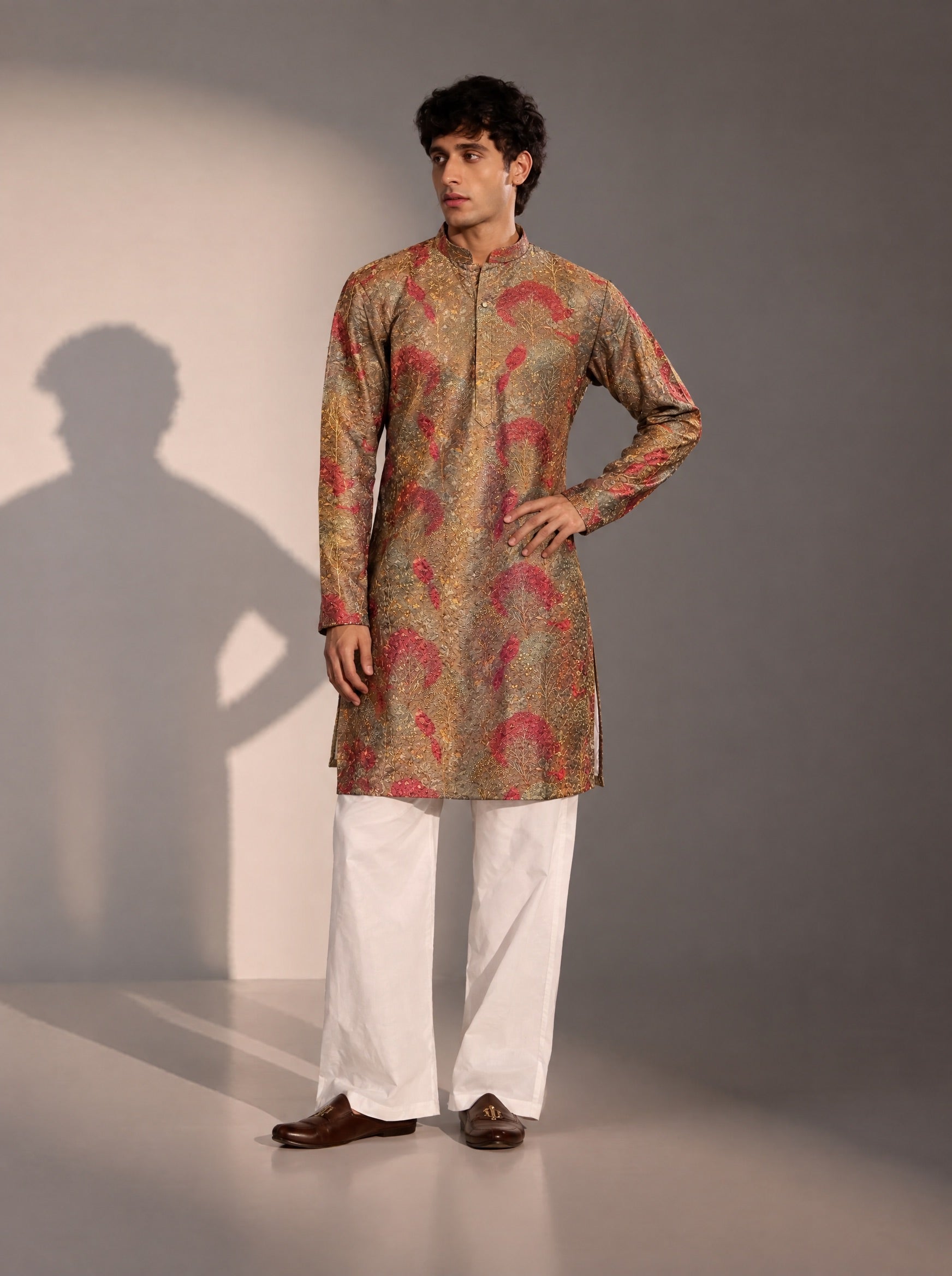 Brown & Maroon Embellished Kurta Pajama for Men