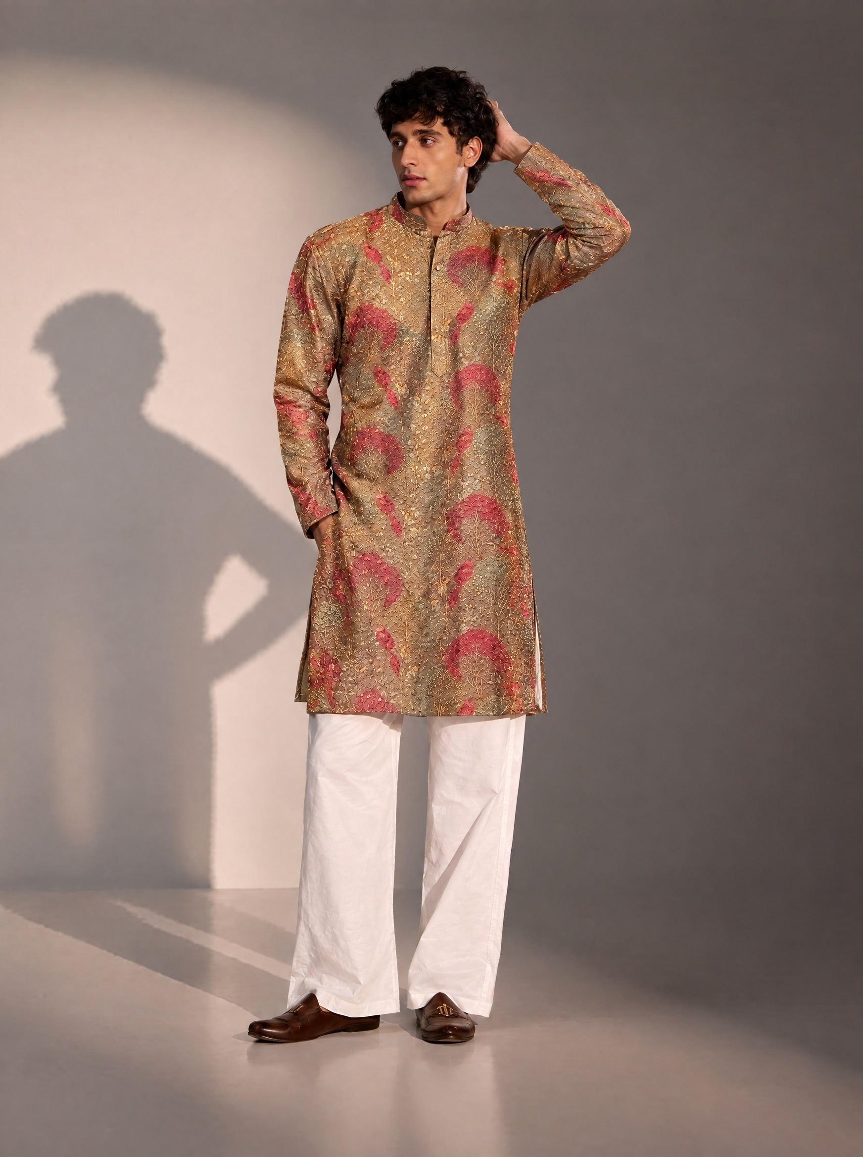 Brown & Maroon Embellished Kurta Pajama for Men