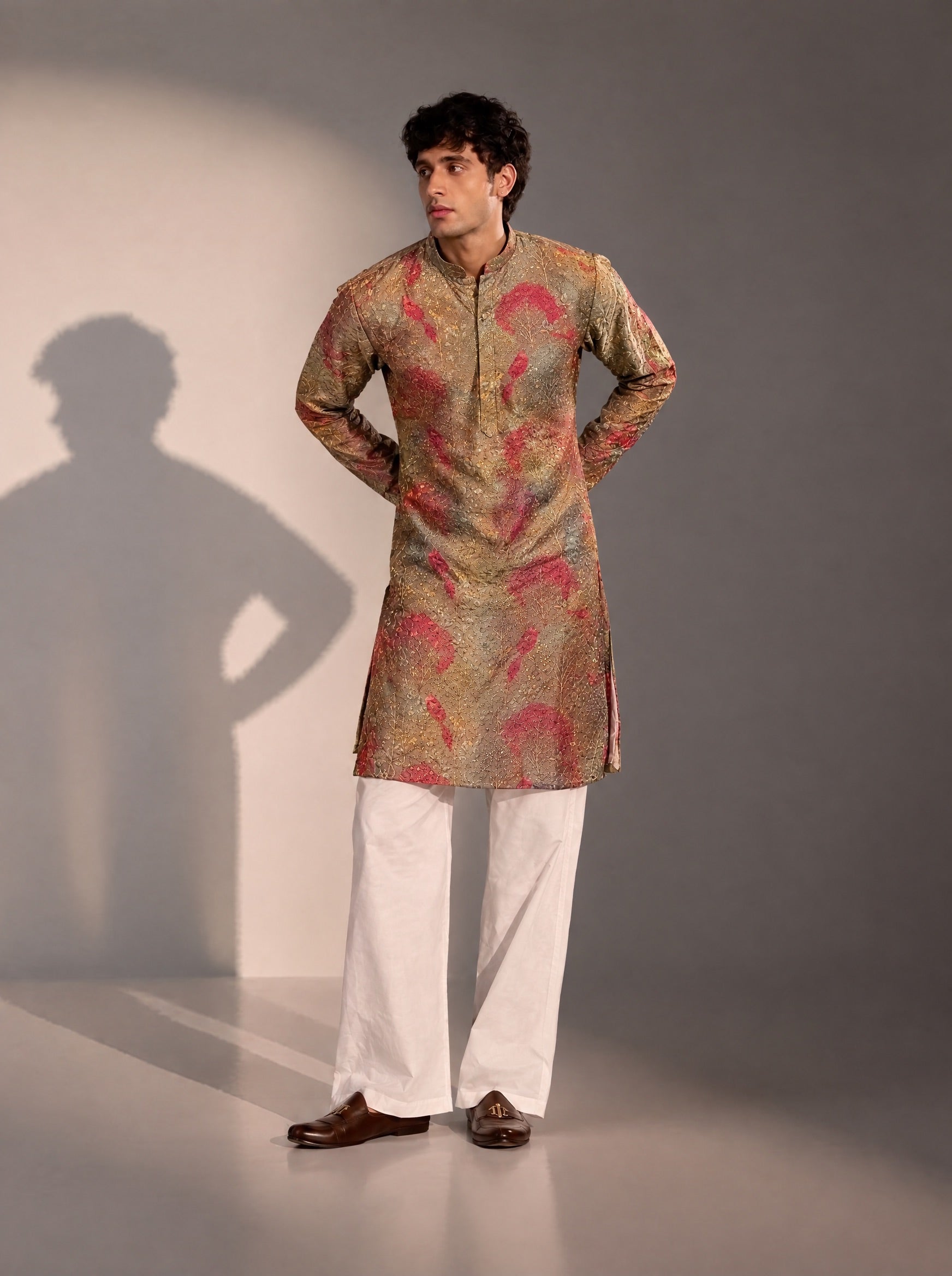 Brown & Maroon Embellished Kurta Pajama for Men