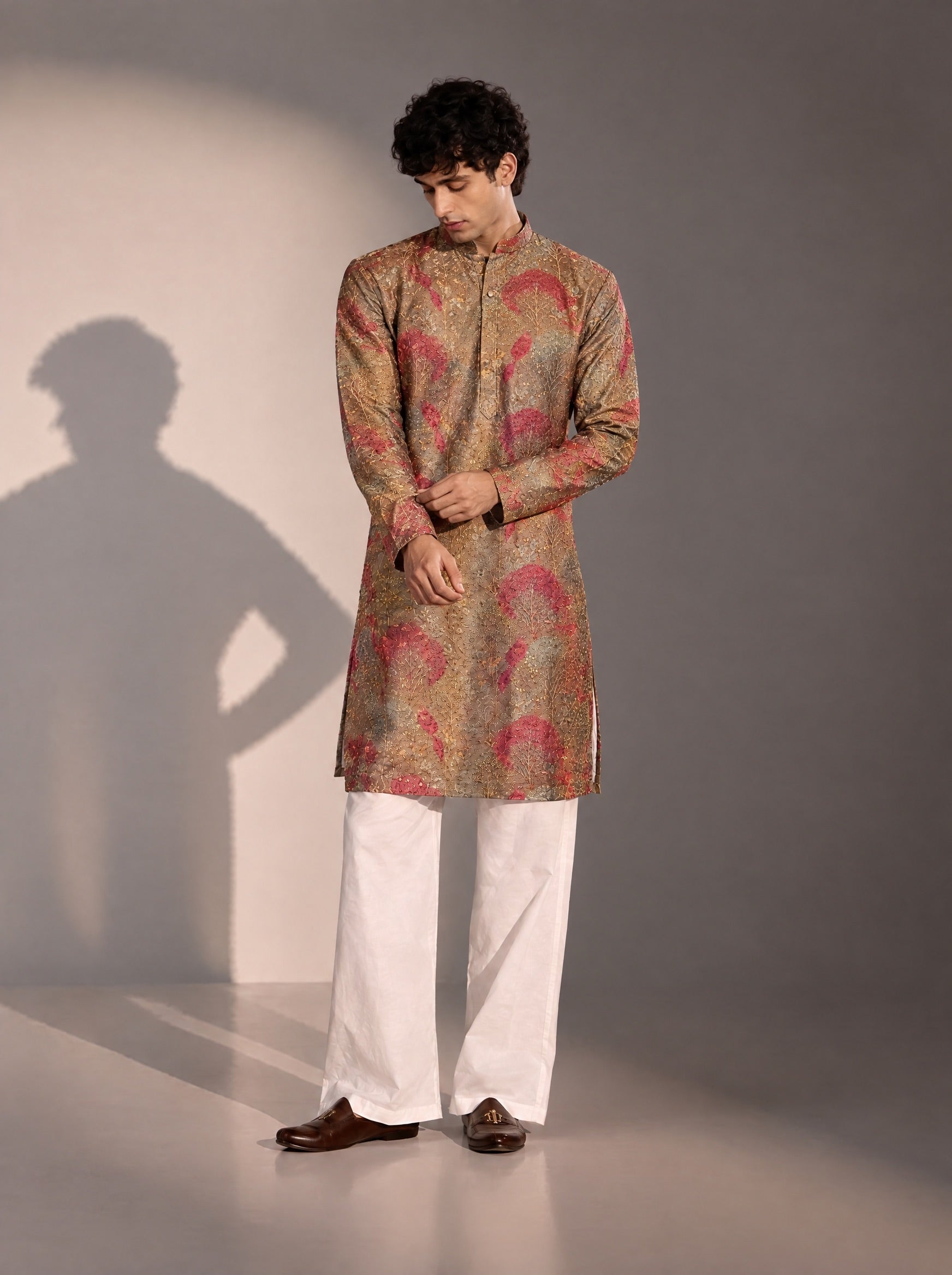 Brown & Maroon Embellished Kurta Pajama for Men