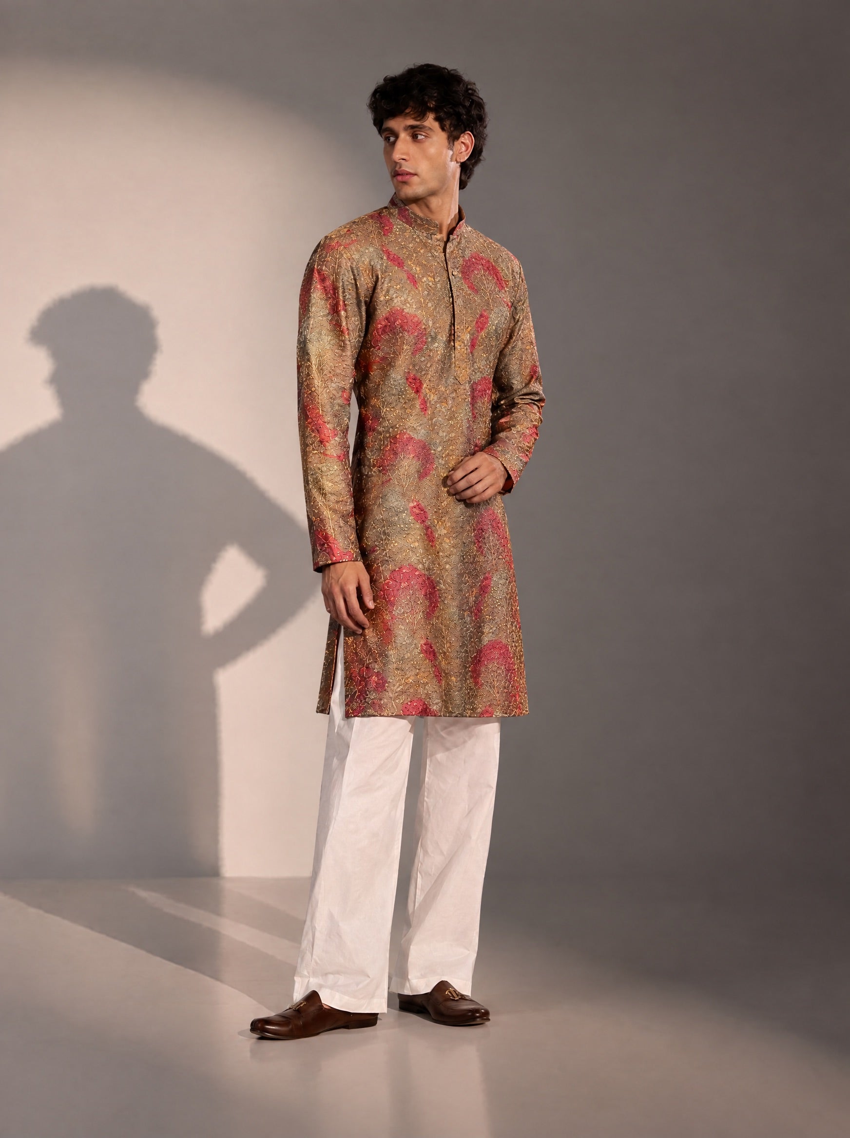 Brown & Maroon Embellished Kurta Pajama for Men