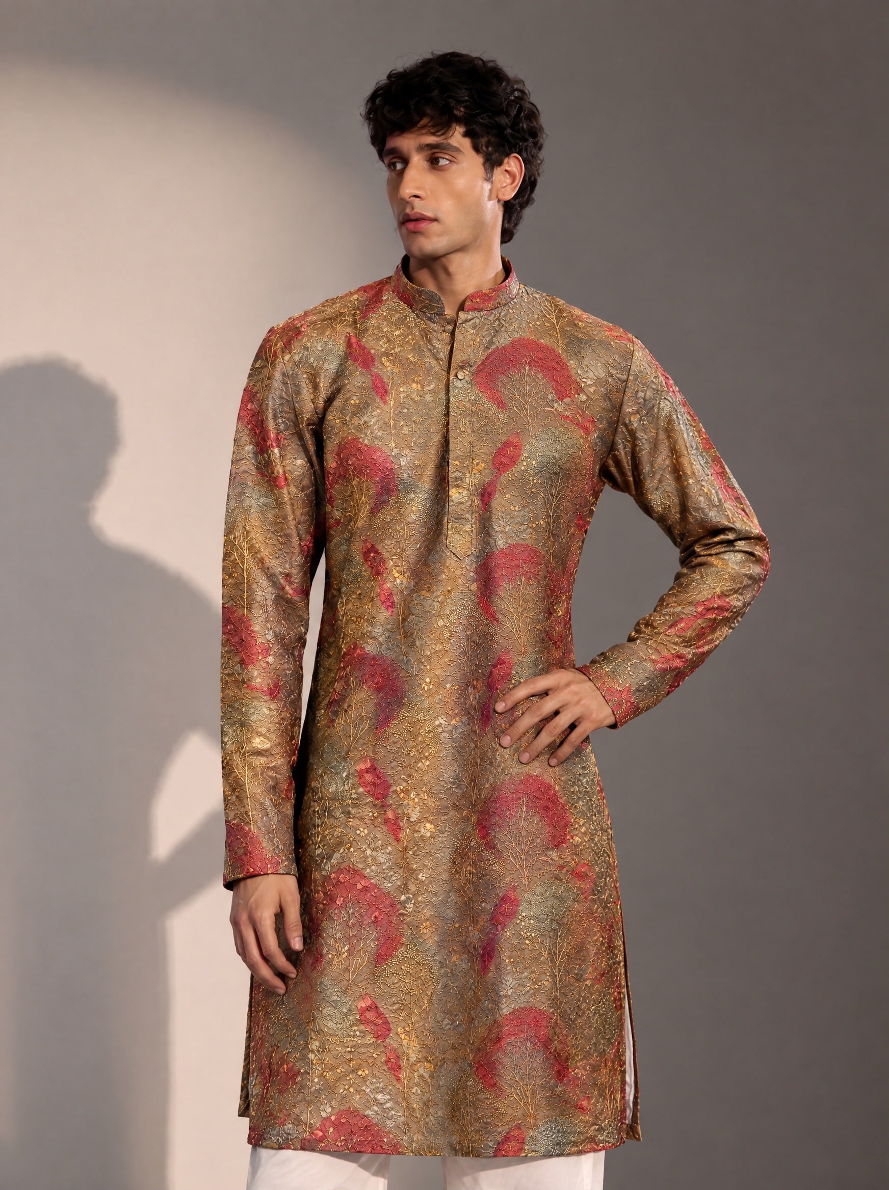 Brown & Maroon Embellished Kurta Pajama for Men