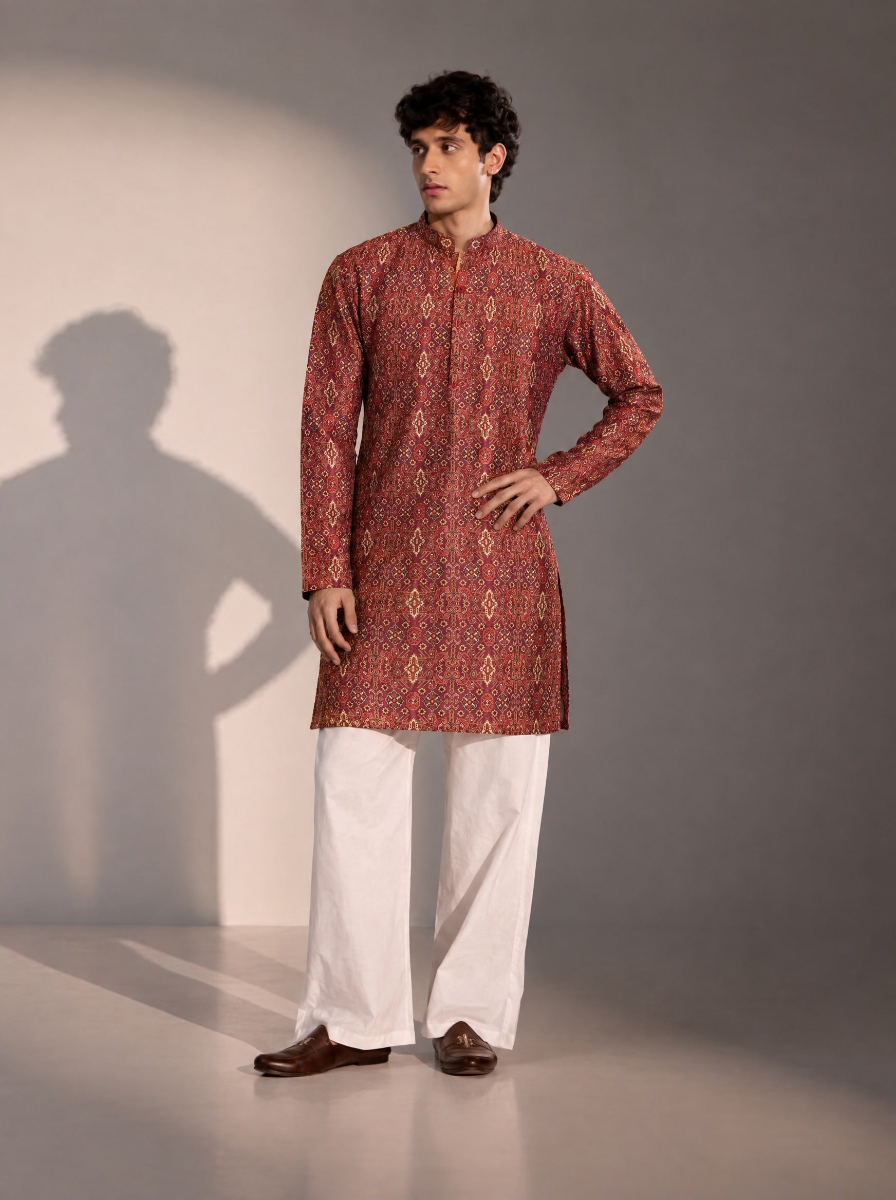 Brown Printed Kurta Pajama for Men