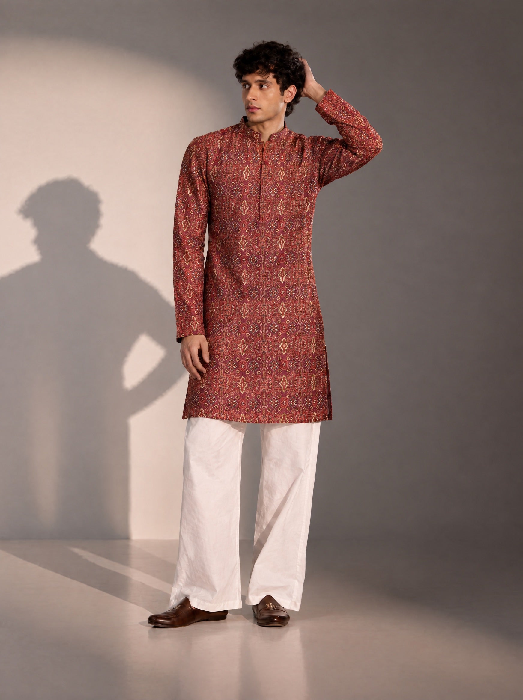 Brown Printed Kurta Pajama for Men