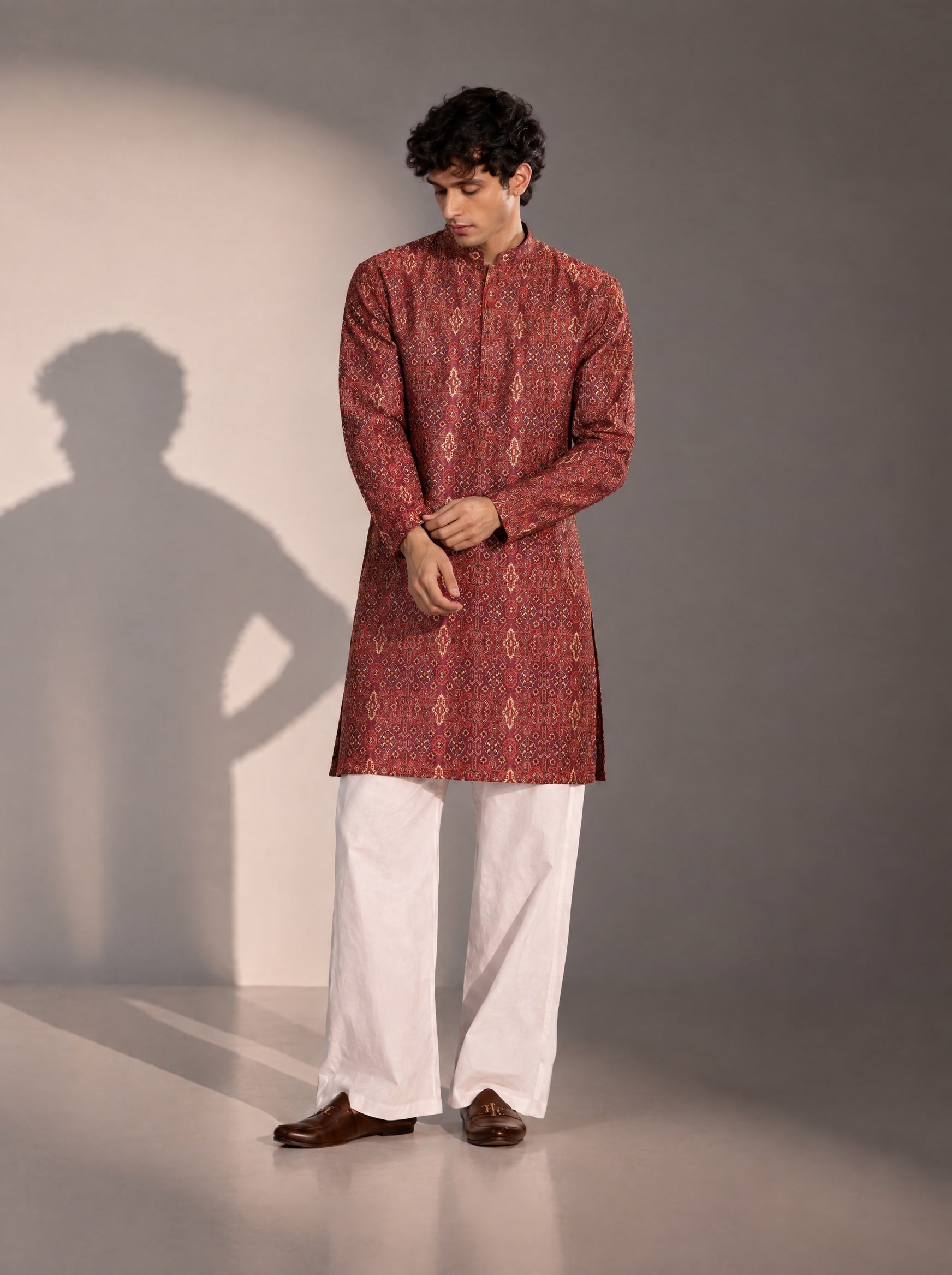Brown Printed Kurta Pajama for Men