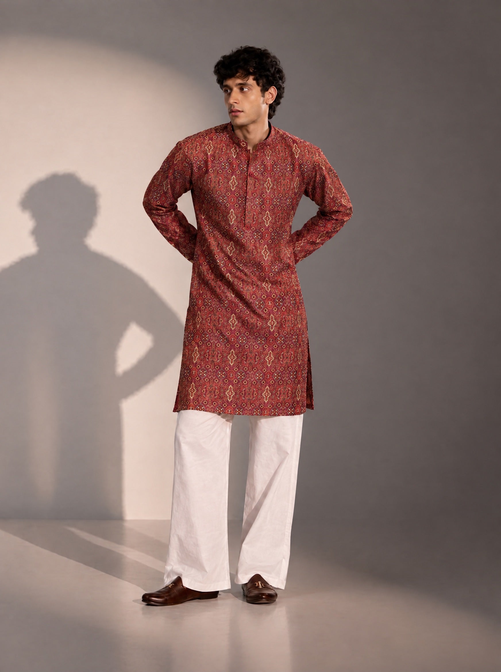 Brown Printed Kurta Pajama for Men