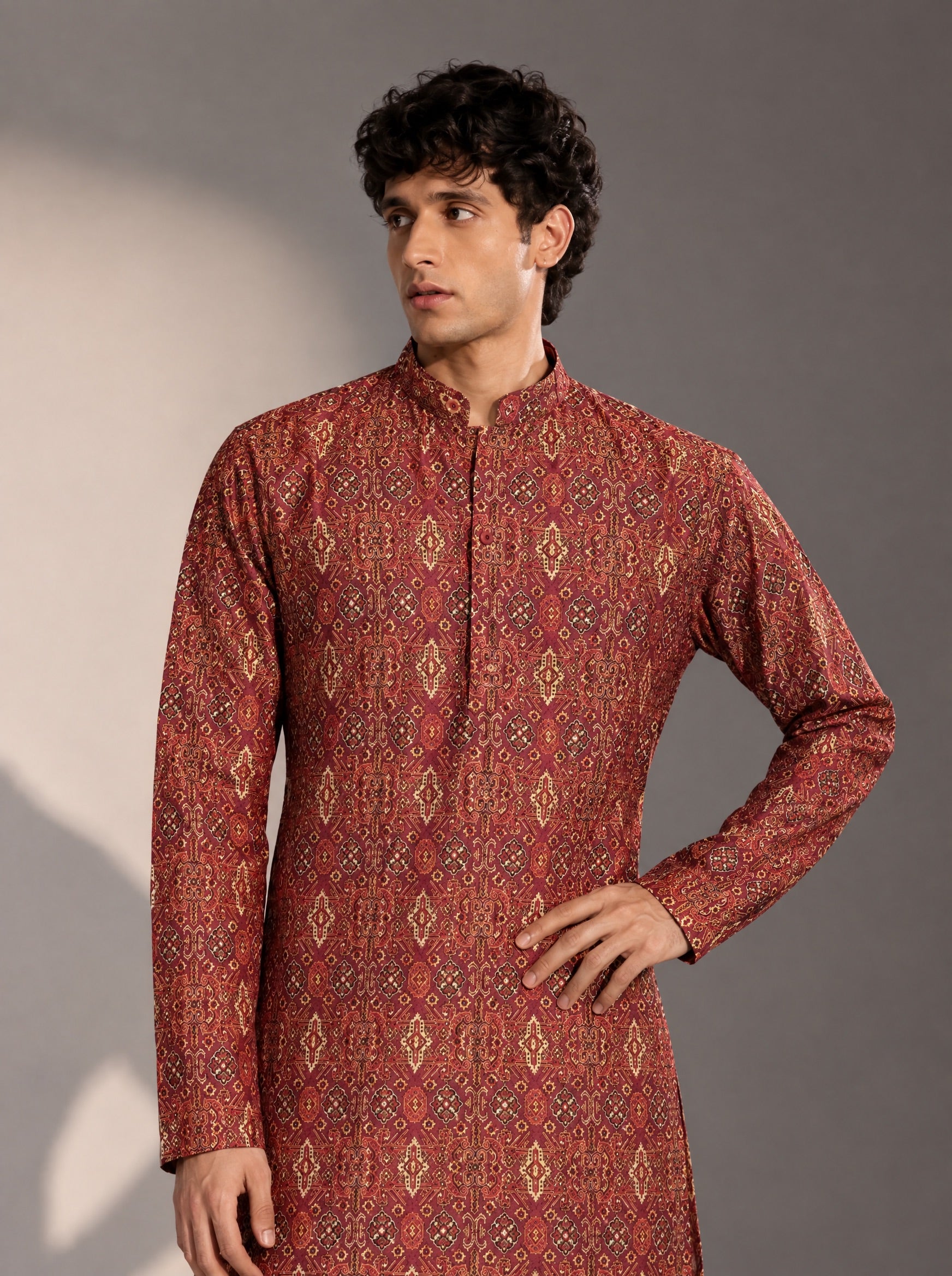 Brown Printed Kurta Pajama for Men