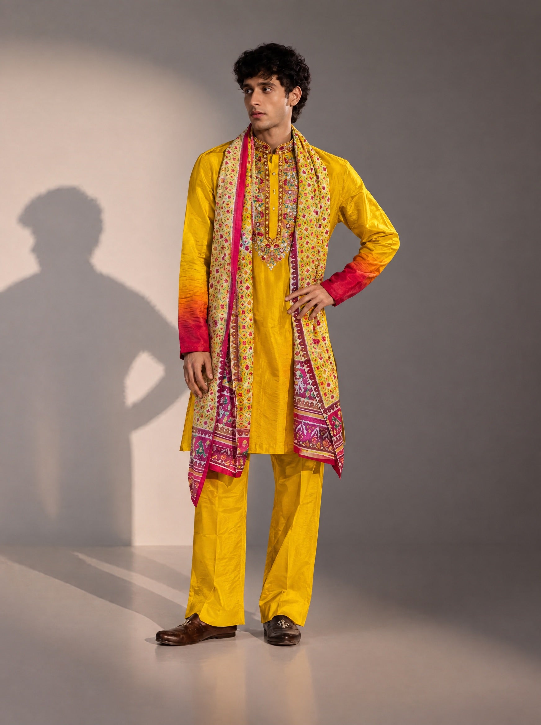 Yellow Embroidered Kurta Pajama With Dupatta  for Men