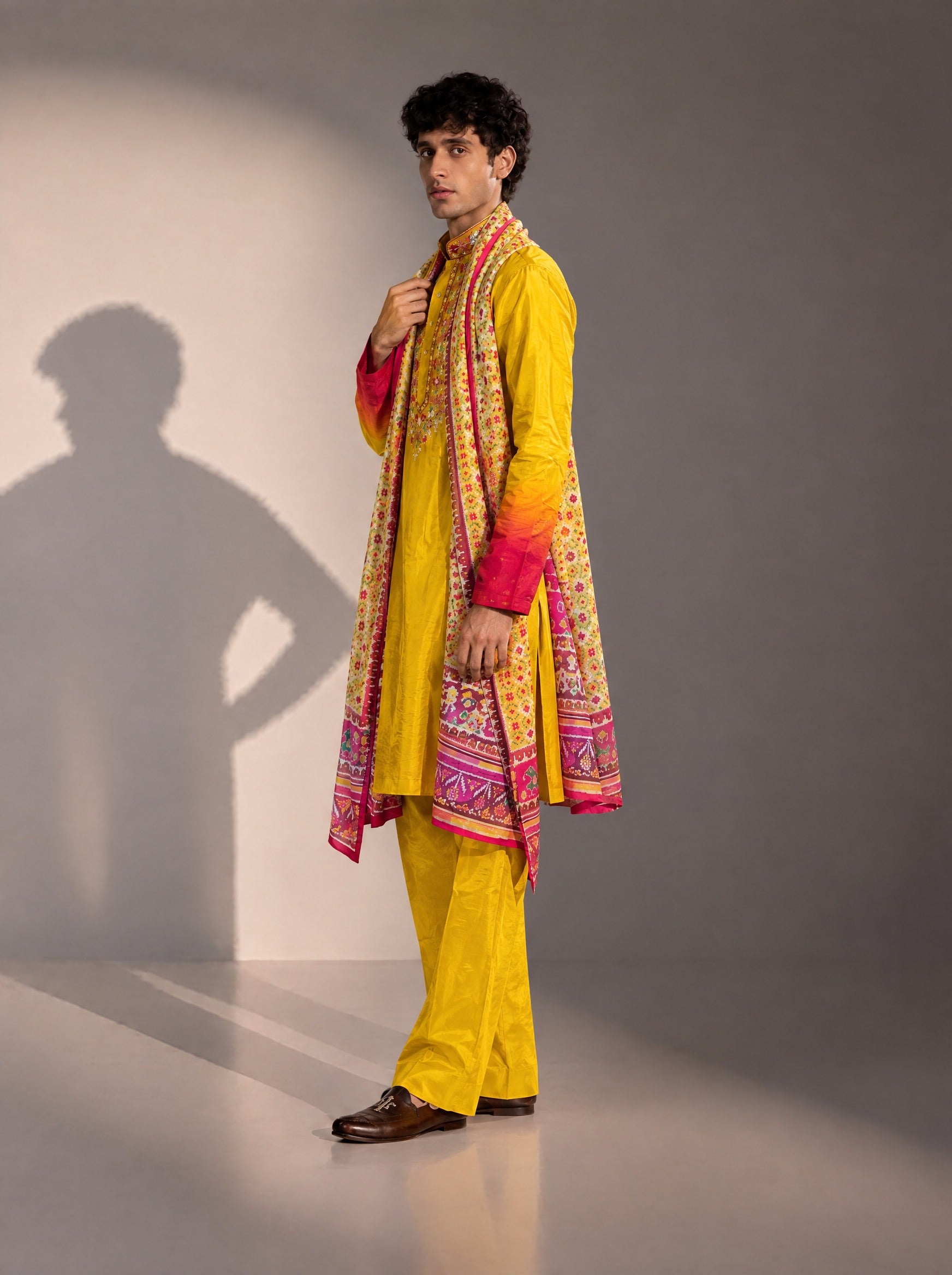 Yellow Embroidered Kurta Pajama With Dupatta  for Men