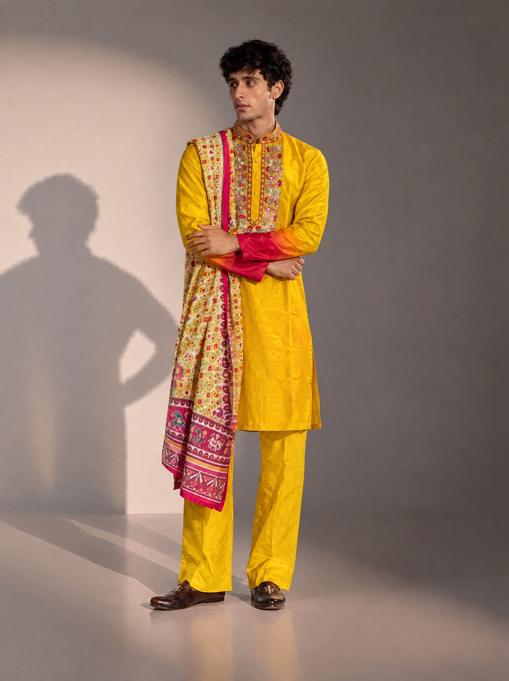 Yellow Embroidered Kurta Pajama With Dupatta  for Men